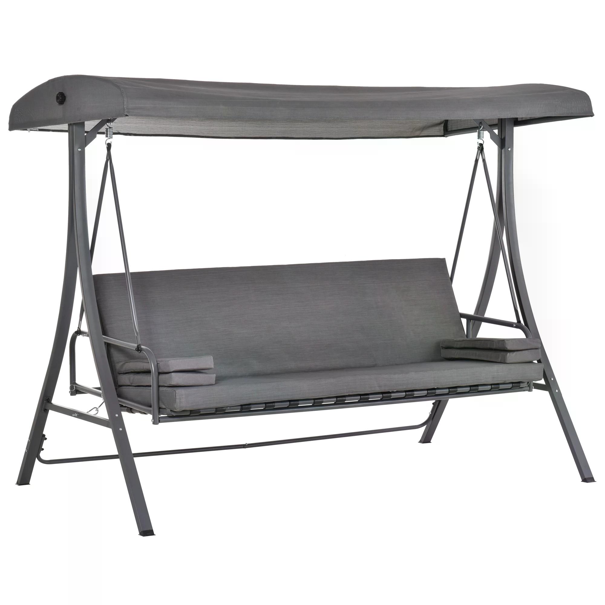 Outdoor 2-in-1 Patio Swing Chair Lounger 3 Seater Garden Bench Hammock Bed Adjustable Canopy W/ Cushion, Pillow, Grey - Life Essentials