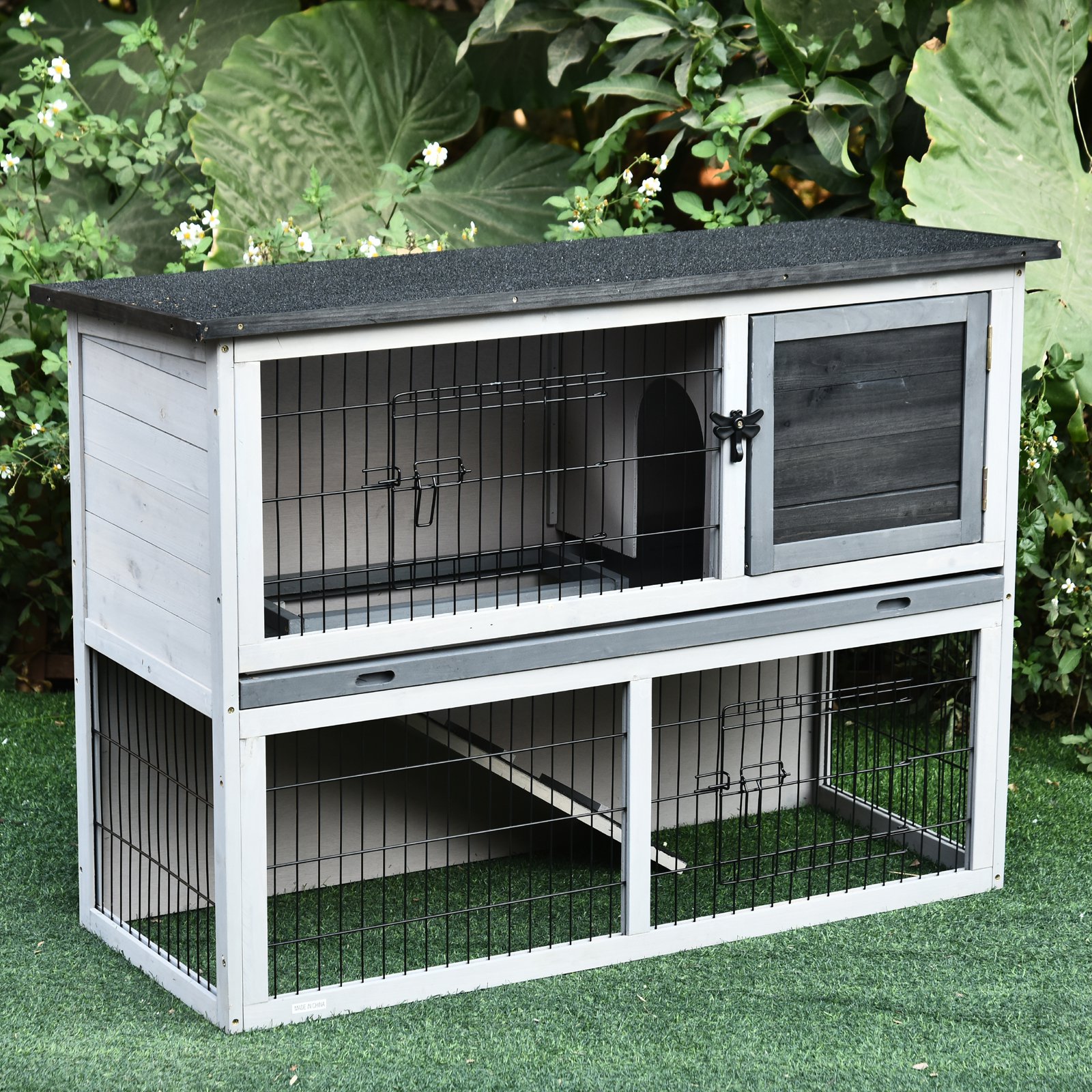 Small Animal Two-Level Fir Wood Hutch w/ Slide Out Tray Grey - Life Essentials