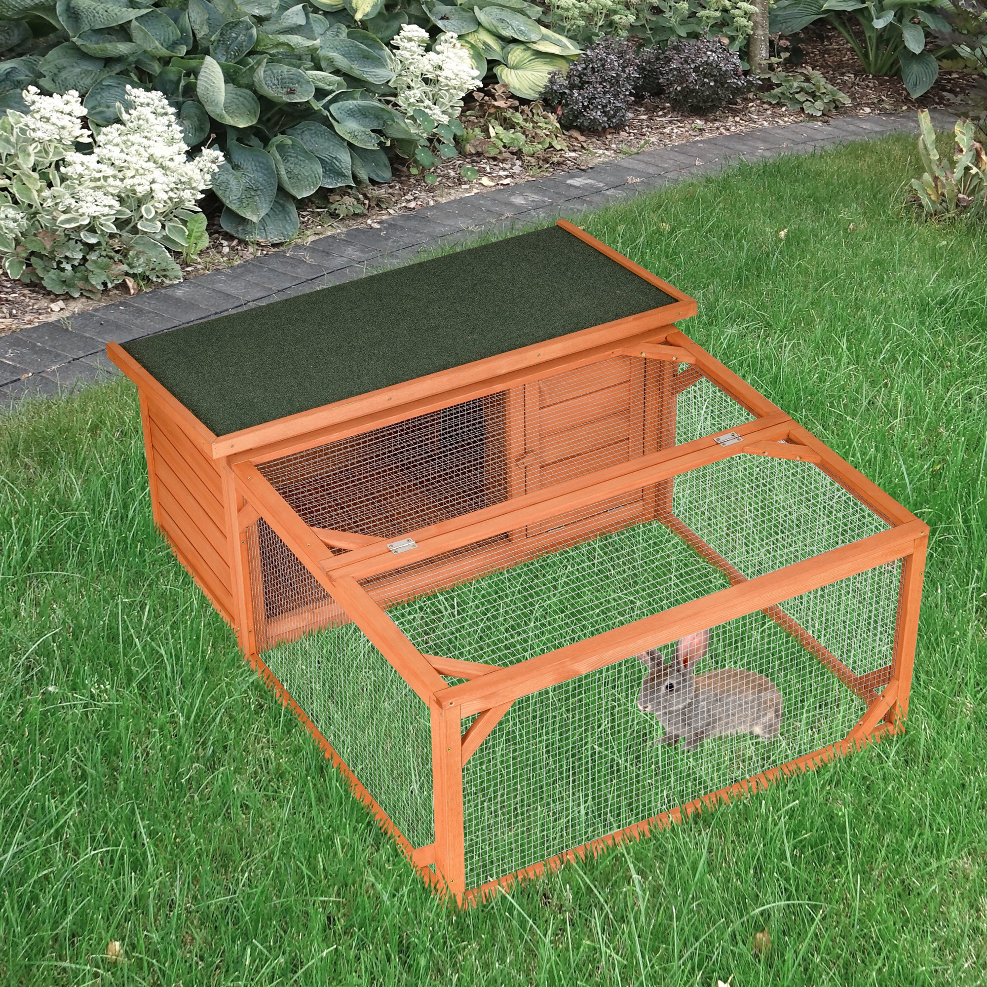 Guinea Pigs Hutches Small Animal House Off-ground Ferret Bunny Cage Backyard with Openable Main House & Run Roof 125.5 x 100 x 49cm Orange - Life 