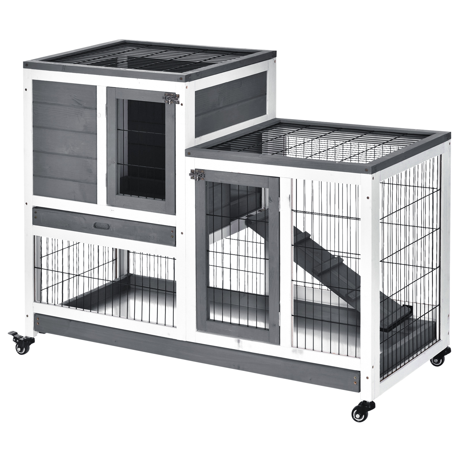 Wooden Indoor Guinea Pigs Hutches Elevated Cage Habitat with Enclosed Run with Wheels, Ideal for Rabbits and Guinea Pigs, Grey and White - Life 