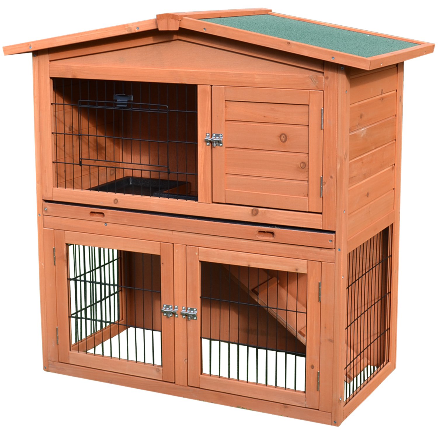 2 Tier Rabbit Hutch Guinea Pig Hutch Ferret Cage with Ramp Slide Out Tray for Indoor Outdoor 100.5 x 55 x 101 cm - Life Essentials