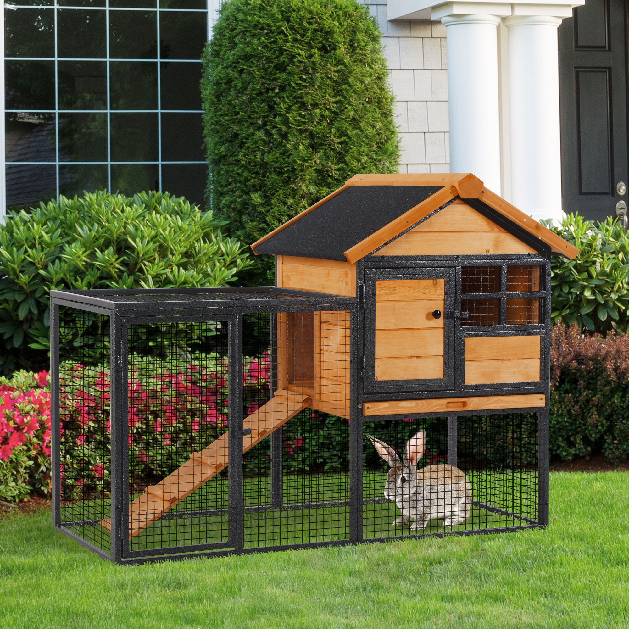 Wood-metal Guinea Pigs Hutches Elevated Pet Bunny House Rabbit Cage with Slide-Out Tray Outdoor - Life Essentials