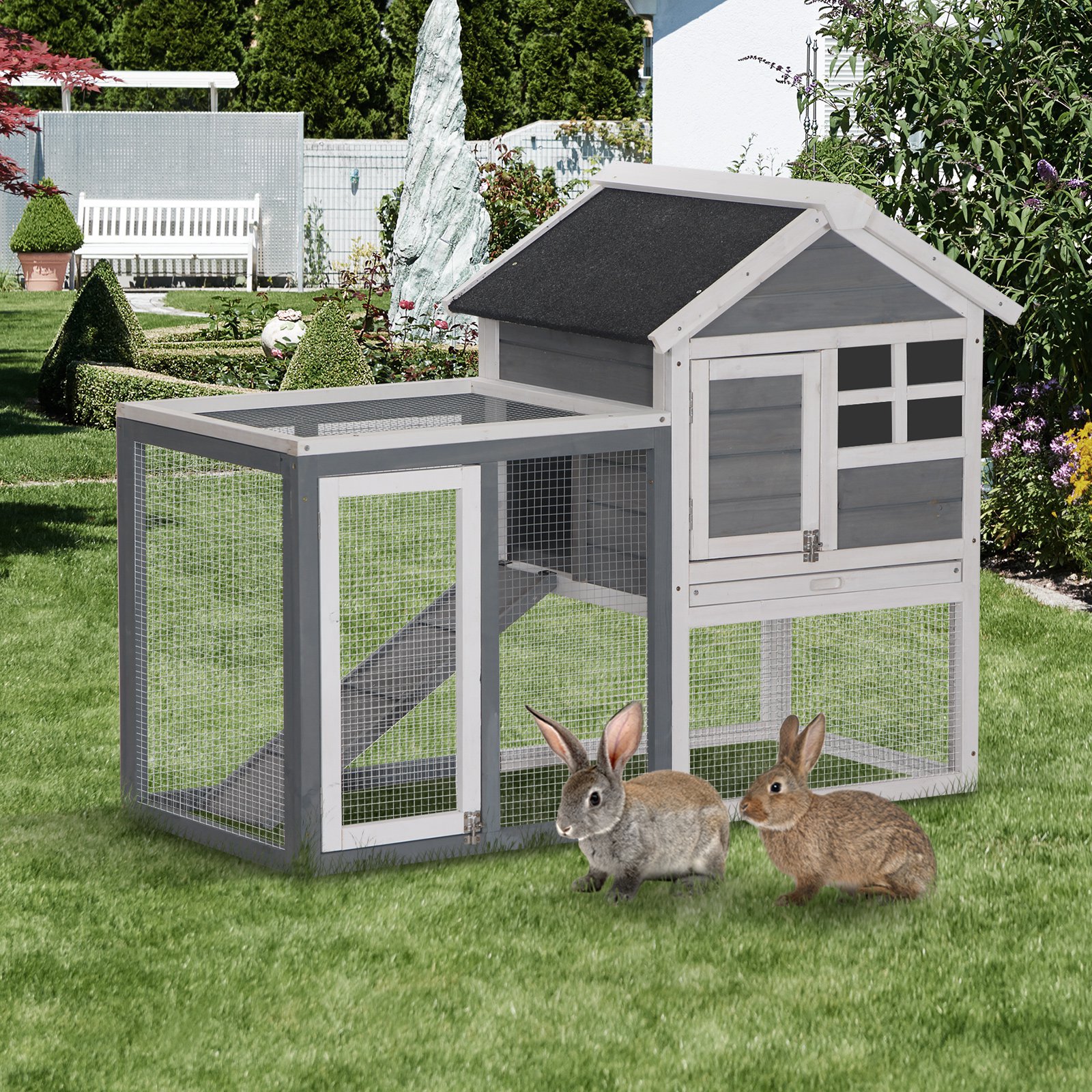 2 Tier Wooden Guinea Pigs Hutches Guinea Pig Cage Rabbit Cage Pull Out Tray W/ Ramp 122 x 62.6 x 92 cm - Life Essentials