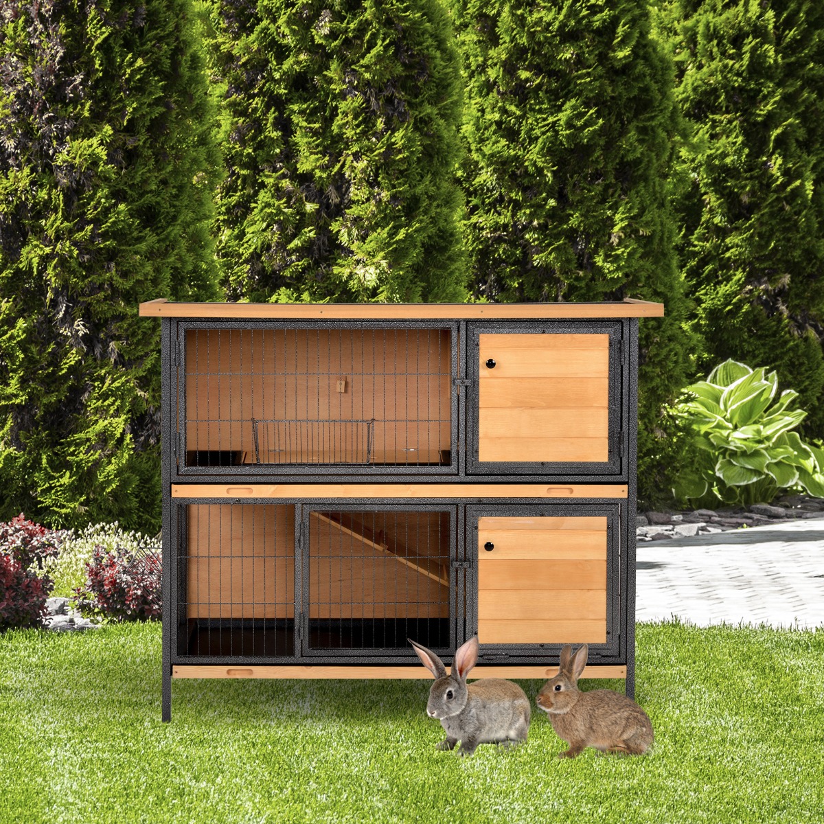 2-Floor Wooden Guinea Pigs Hutches Bunny Cage Metal Frame Pet House with Slide-Out Tray Feeding Trough Ramp Lockable Door Openable Roof - Life 