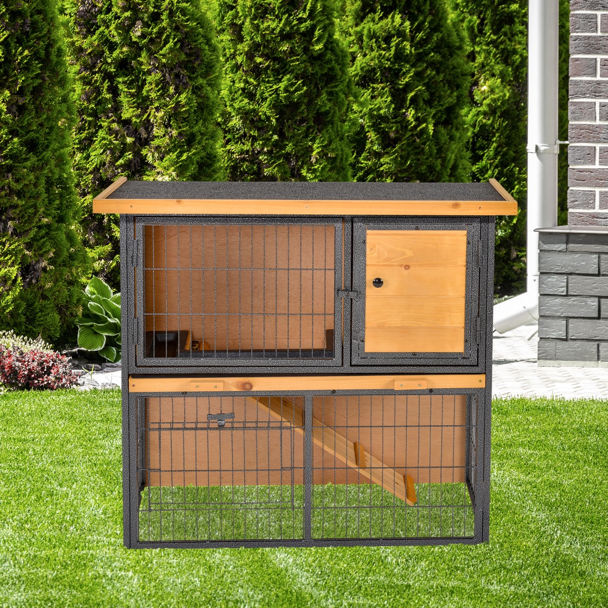 Wood-metal Guinea Pigs Hutches Elevated Pet House Bunny Cage with Slide-Out Tray Asphalt Openable Roof Lockable Door Outdoor - Life Essentials