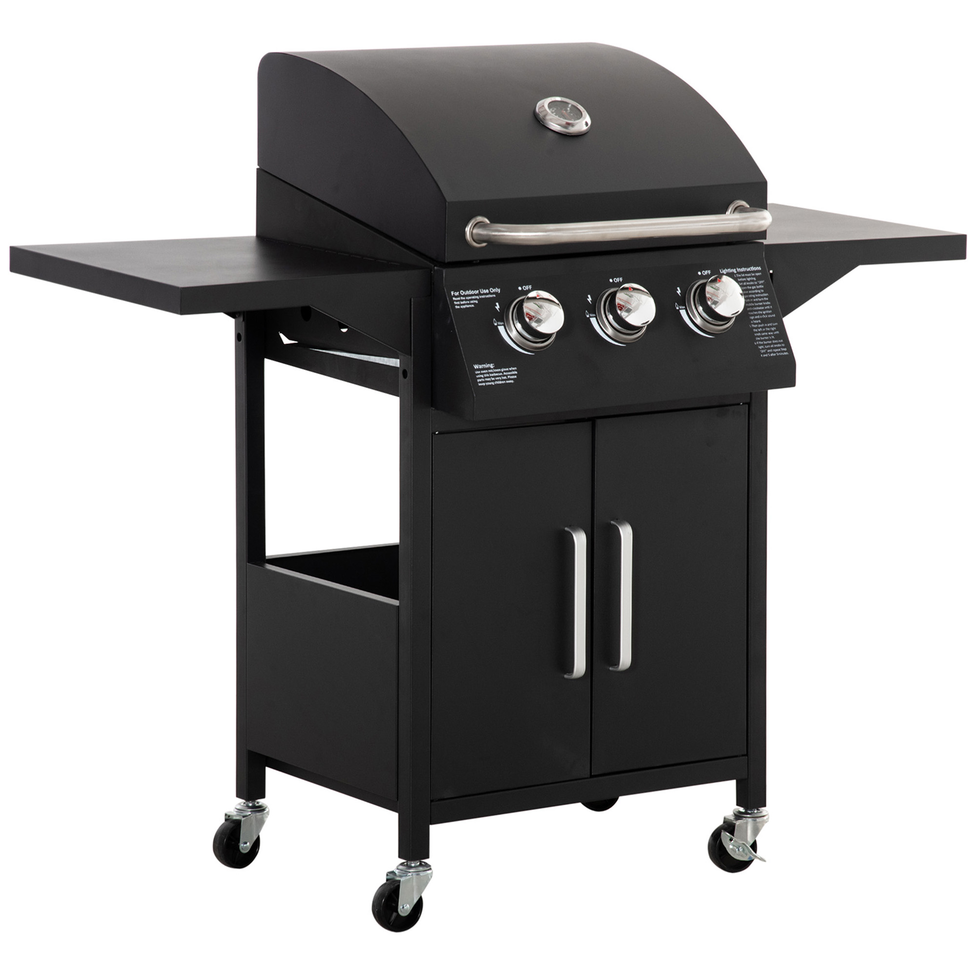 3 Burner Gas BBQ Grill Outdoor Portable Barbecue Trolley w/ Warming Rack, Side Shelves, Storage Cabinet, Thermometer, Carbon Steel, Black - Life 