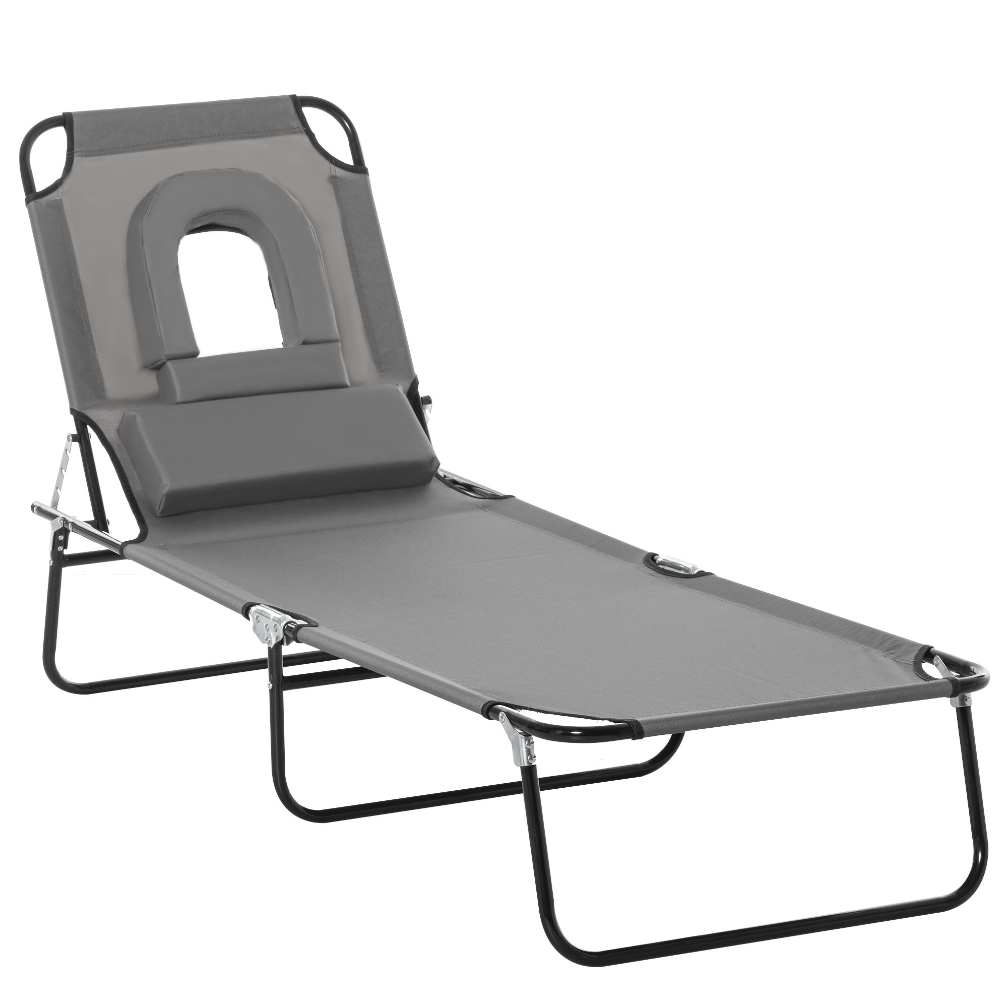Sun Lounger Foldable Reclining Chair with Pillow and Reading Hole Garden Beach Outdoor Recliner Adjustable Grey - Life Essentials