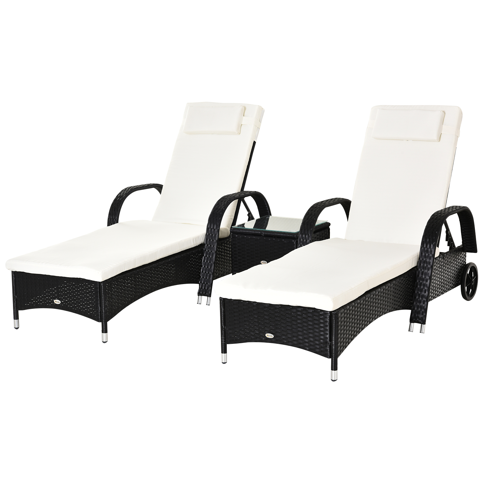 3 Pieces Patio Lounge Chair Set Garden Wicker Wheeling Recliner Outdoor Daybed, PE Rattan Lounge Chairs w/ Cushions & Side Coffee Table Black - Life 
