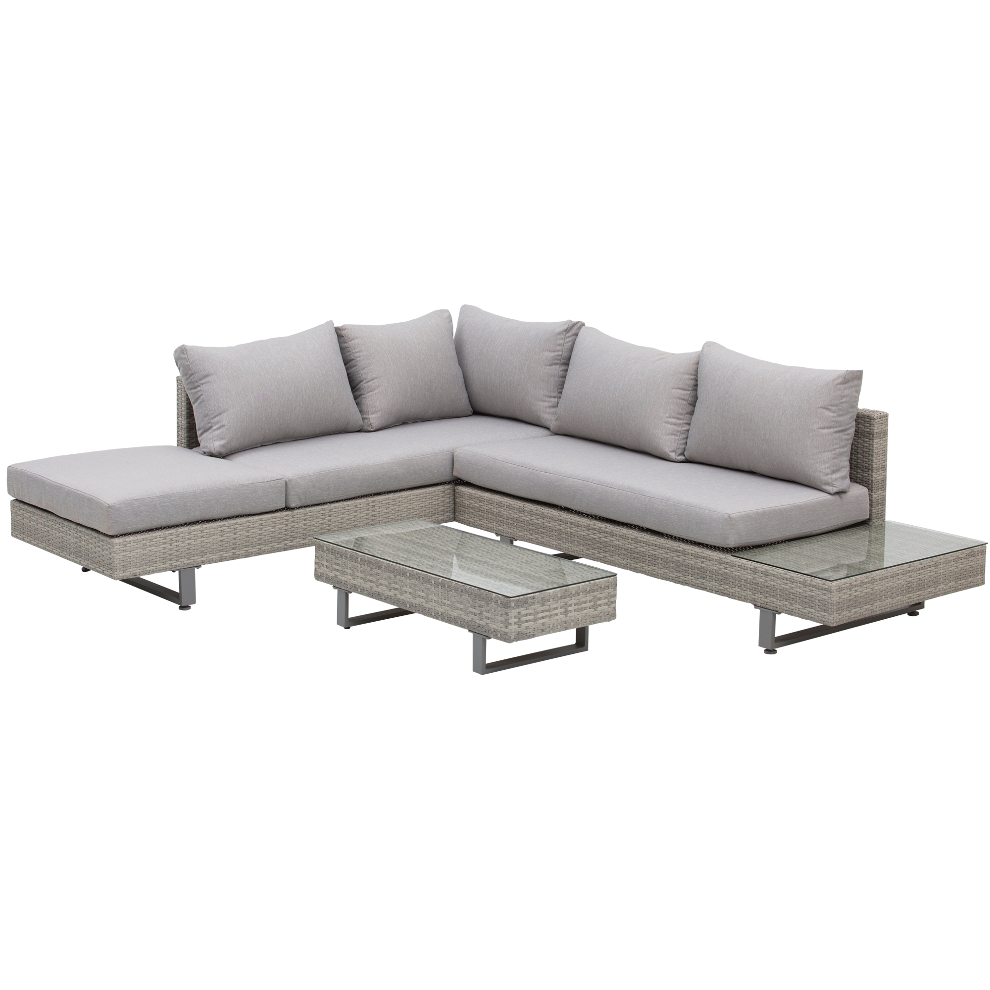 5-Seater Rattan Garden Furniture Wicker Conservatory Corner Sofa Set Chaise Lounge with Coffee Table, Side Table & Cushions-Grey - Life Essentials