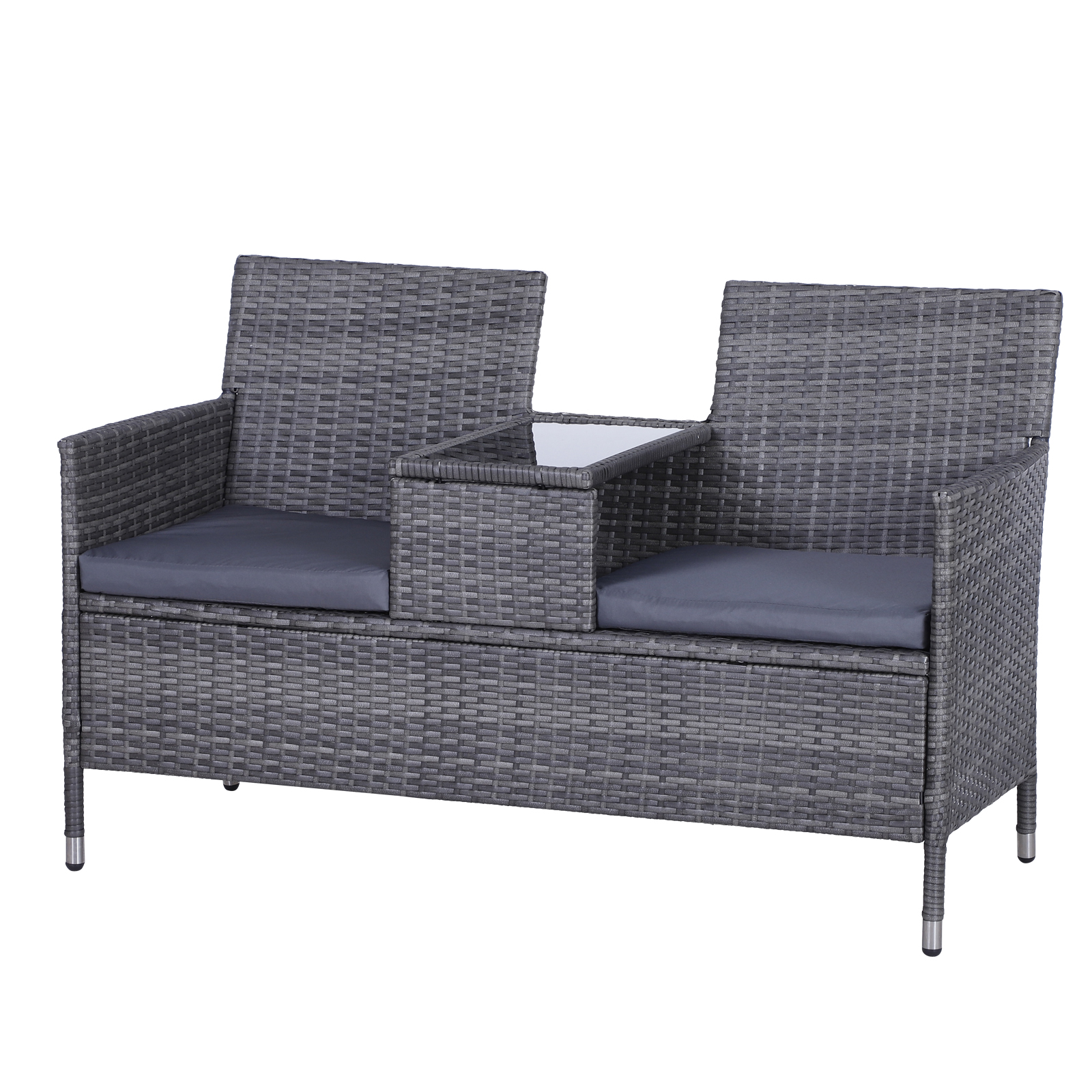 Garden Rattan 2 Seater Companion Seat Wicker Love Seat Weave Partner Bench with Cushions Patio Outdoor Furniture - Grey - Life Essentials
