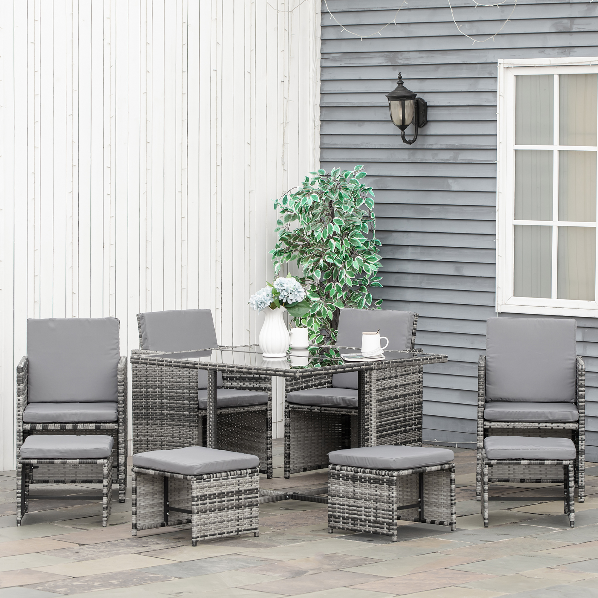 9PC Rattan Garden Furniture Outdoor Patio Dining Table Set Weave Wicker 8 Seater Stool Mixed Grey - Life Essentials