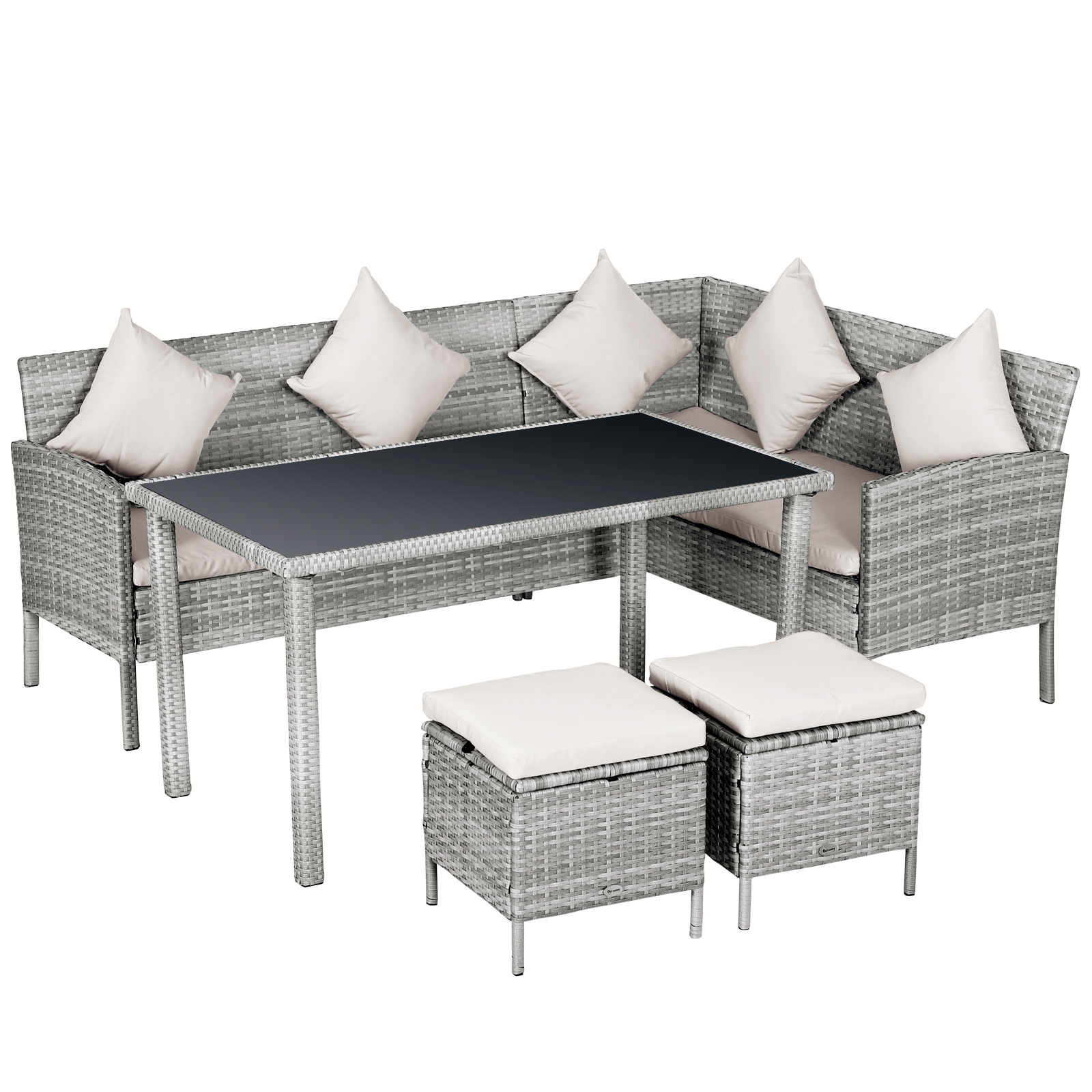 6-Seater Garden Outdoor Patio Rattan Corner Dining Set Wicker Sofa, Foot Stool, Dining Table with White Cushions, Mixed Grey - Life Essentials