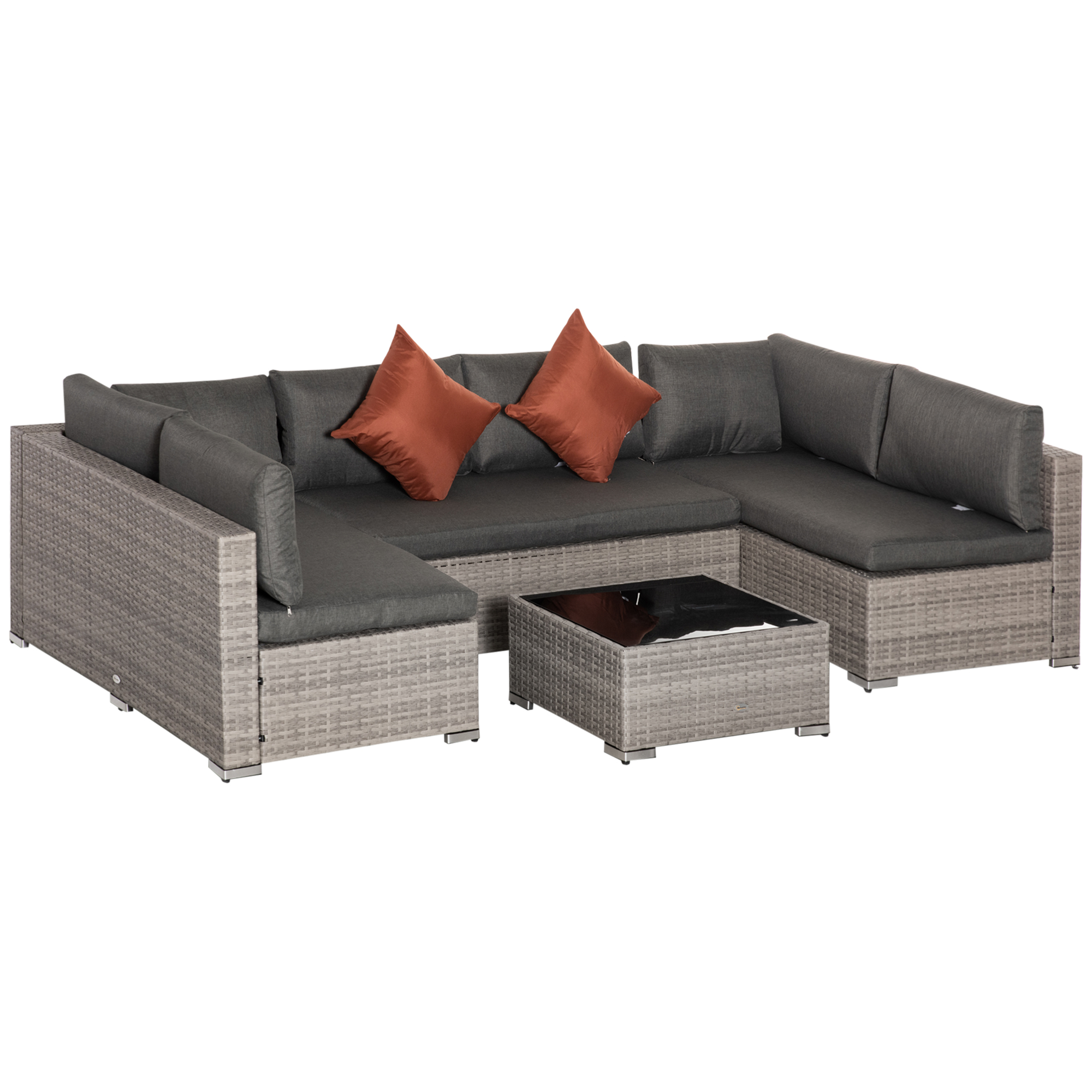 Garden Rattan Furniture 6-Seater PE Rattan Sofa Set, Outdoor All Weather Conservatory Furniture, w/ Tempered Glass Coffee Table, Deep Grey - Life 