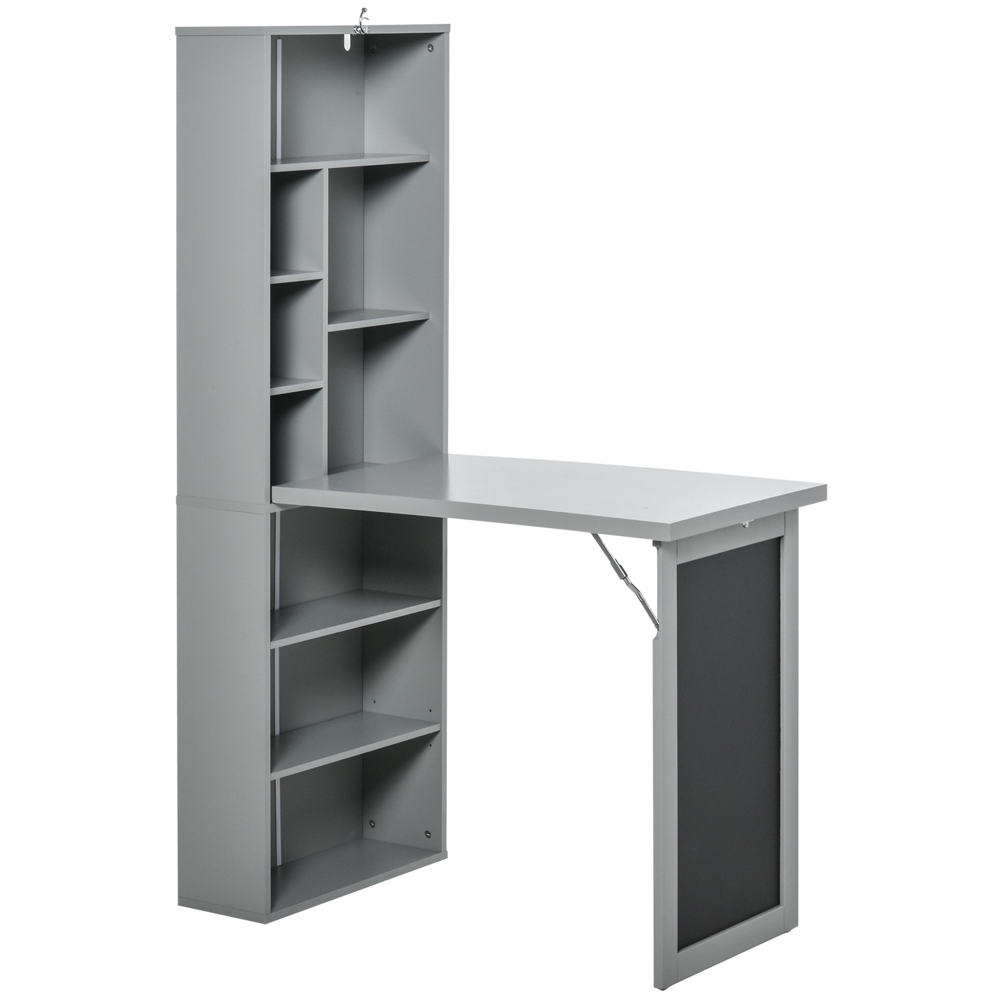 Fold-out Convertible Writing Desk Wall Mount Cabinet with Blackboard and Side Shelf Multi-Function Home Office Workstation, Grey - Life Essentials