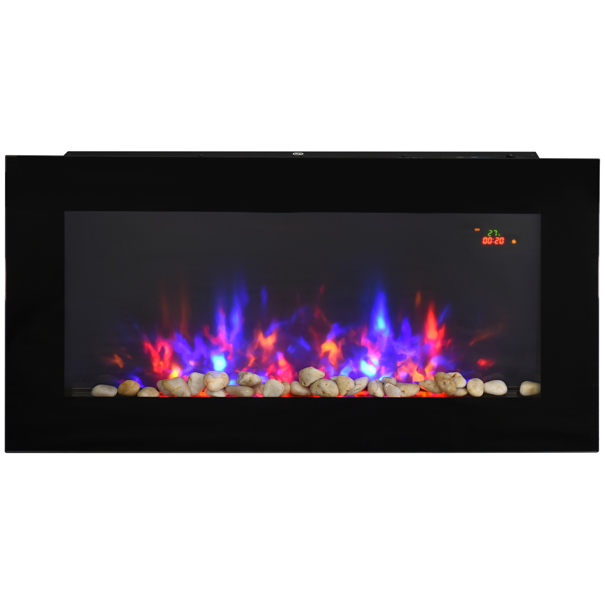 Wall Mounted 2000W Tempered Large LED Flat Glass Electric Fireplace Heater - Black - Life Essentials