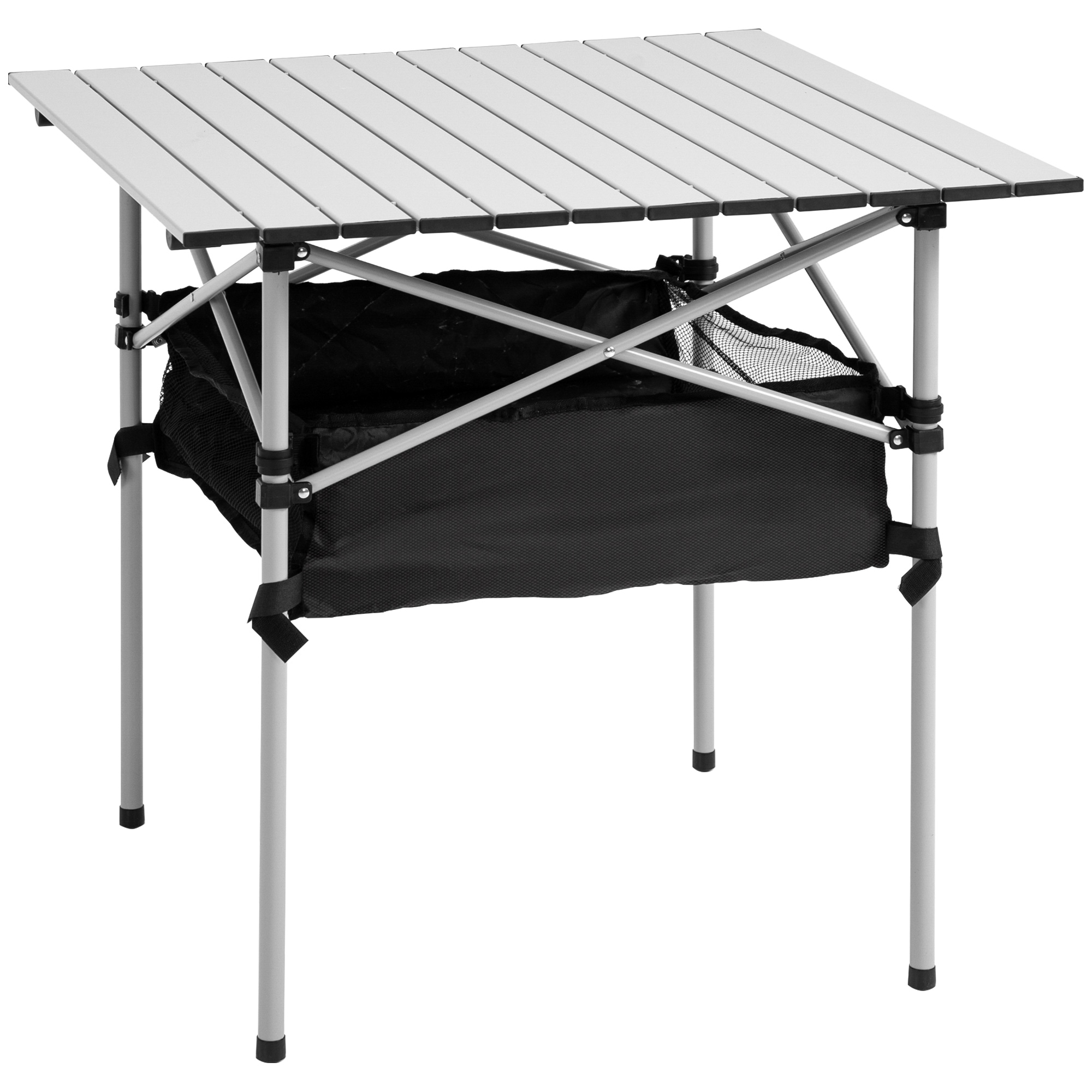 Aluminum Roll-Top Table with Mesh Bag Camping Outdoor Dining Foldable with Steel Frame - Silver Black - Life Essentials
