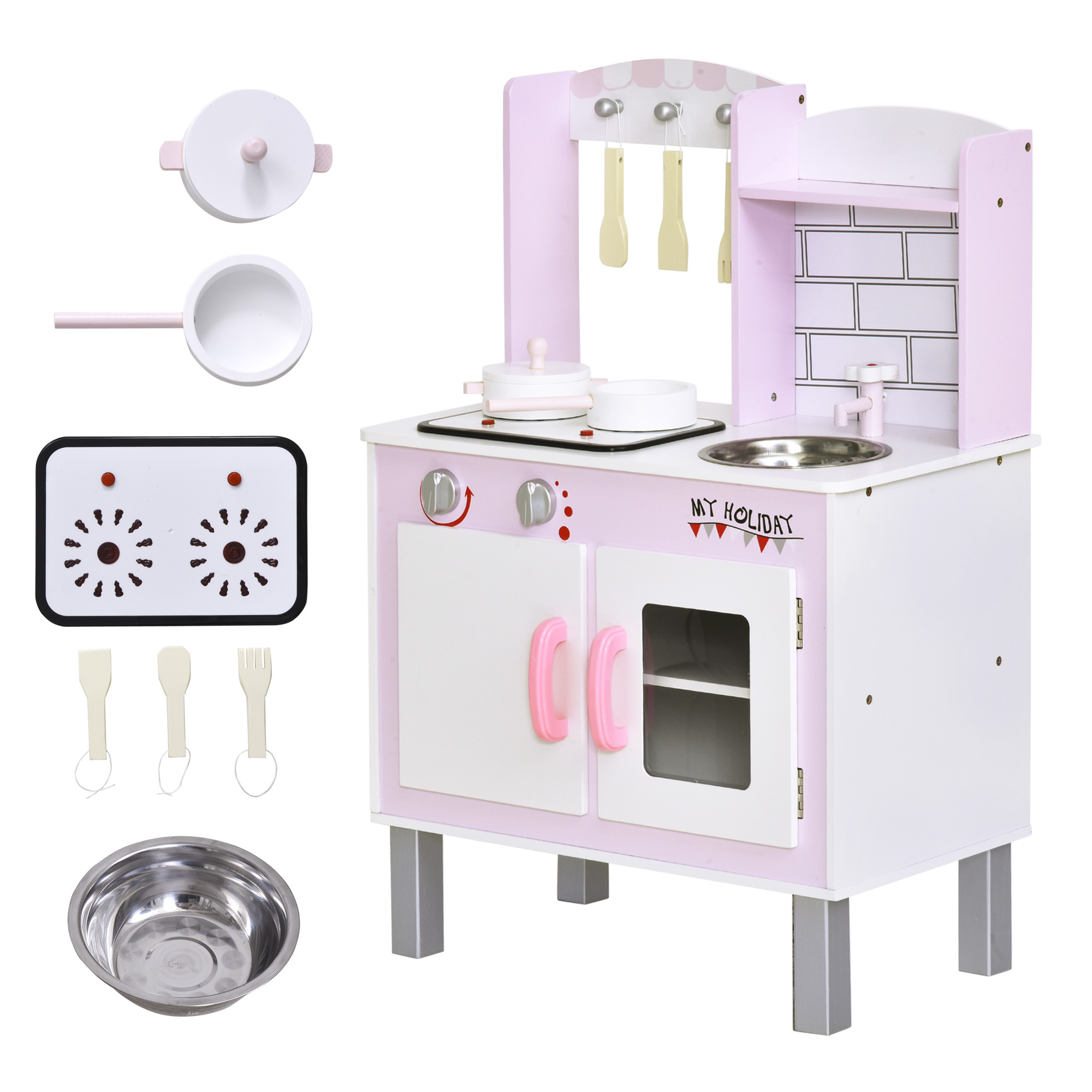 Kids Kitchen Play Set Wooden Pretend Play Toy w/ Sounds Utensils Pans Storage Child Role Play Accessories for 3 Years+ Pink - Life Essentials