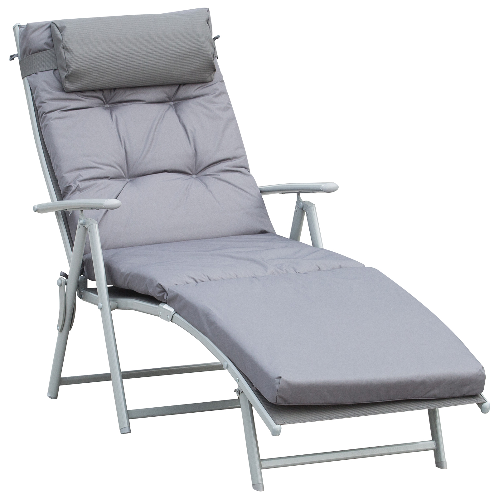 Outdoor Patio Sun Lounger Garden Texteline Foldable Reclining Chair Pillow Adjustable Recliner with Cushion - Grey - Life Essentials