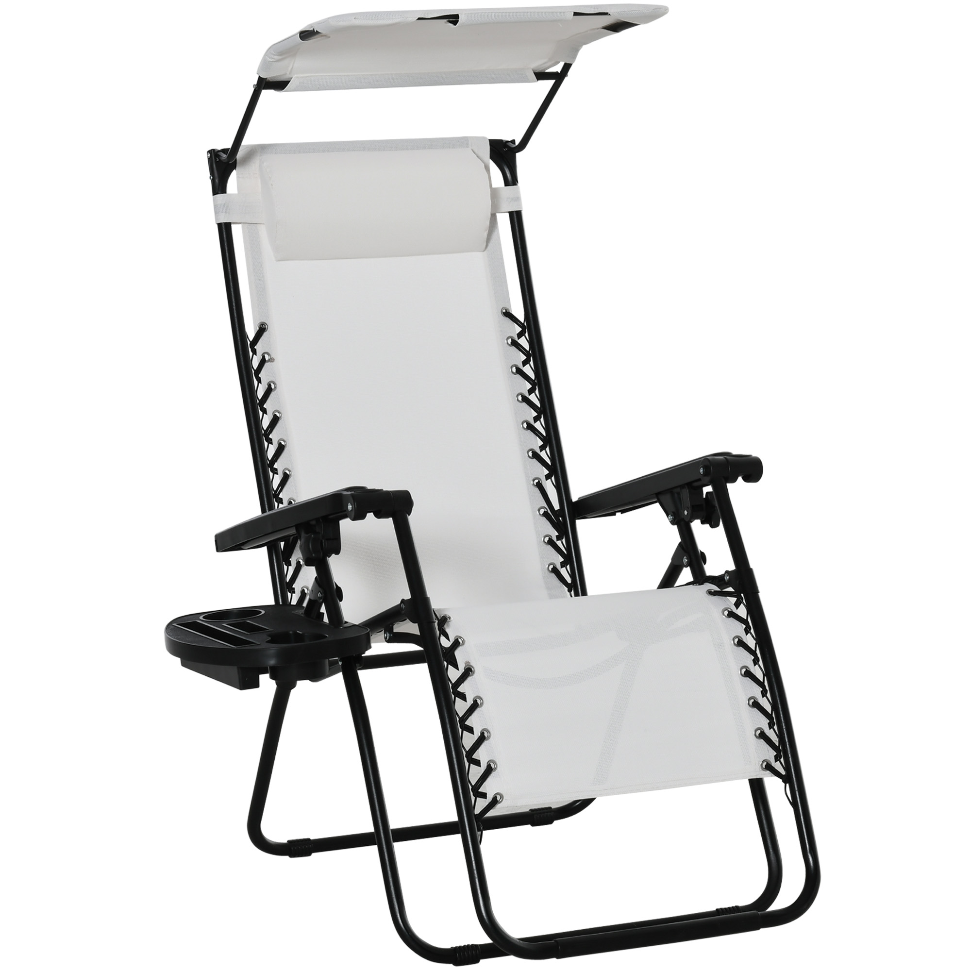 Zero Gravity Garden Deck Folding Chair Patio Sun Lounger Reclining Seat with Cup Holder & Canopy Shade - White - Life Essentials