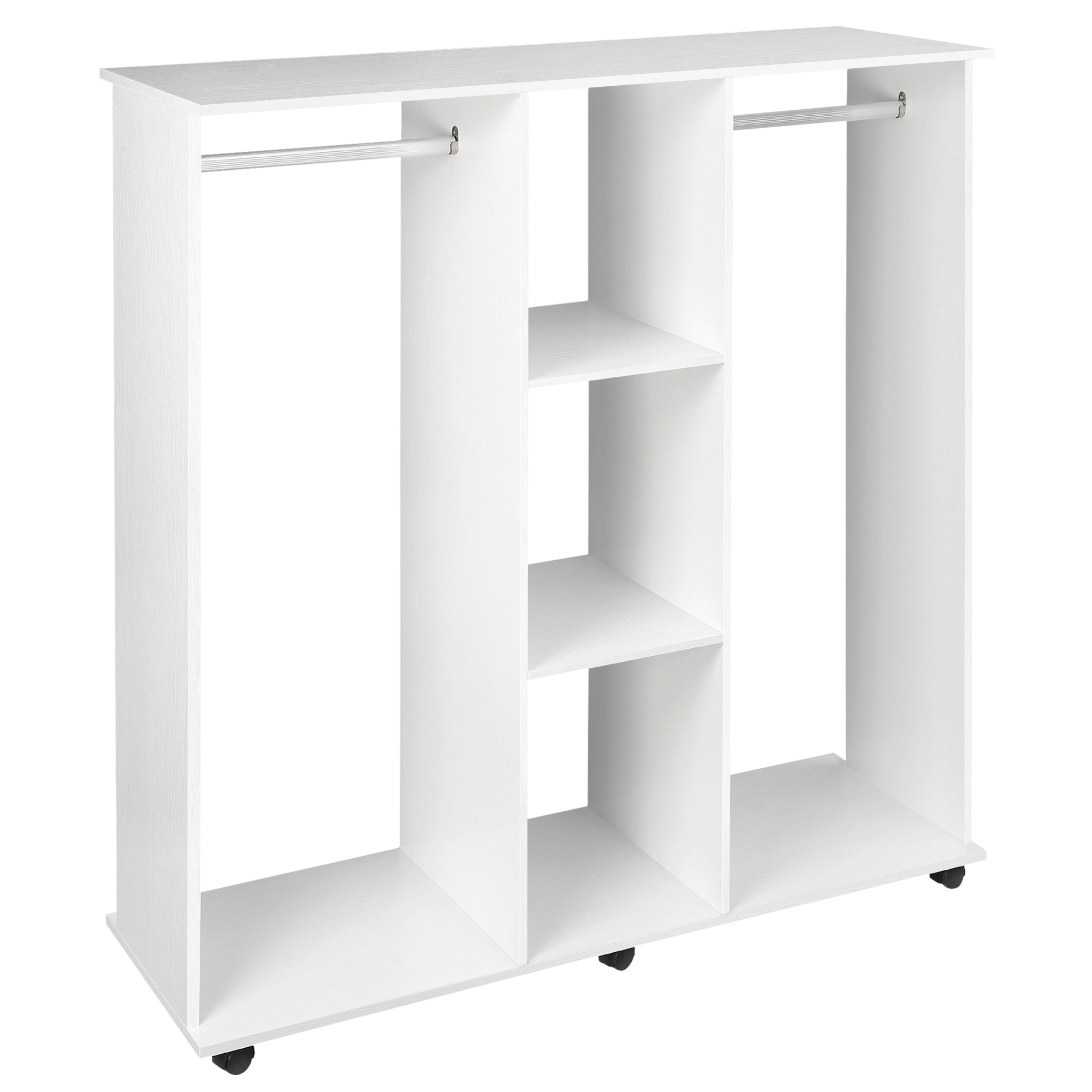 Double Mobile Open Wardrobe With Clothes Hanging Rails Storage Shelves Organizer Bedroom Furniture - White - Life Essentials