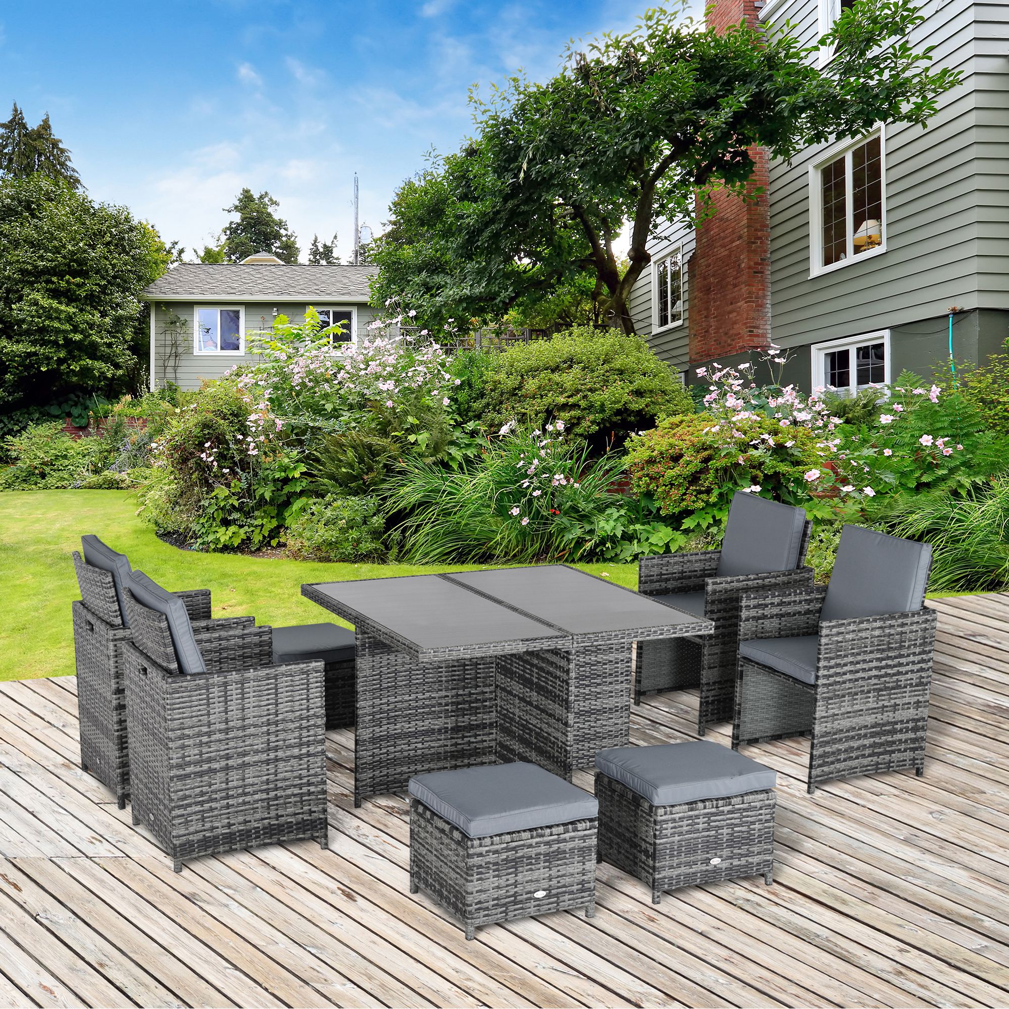 9PC Rattan Dining Set Garden Furniture 8-seater Wicker Outdoor Dining Set Chairs + Footrest + Table Thick Cushion - Grey - Life Essentials