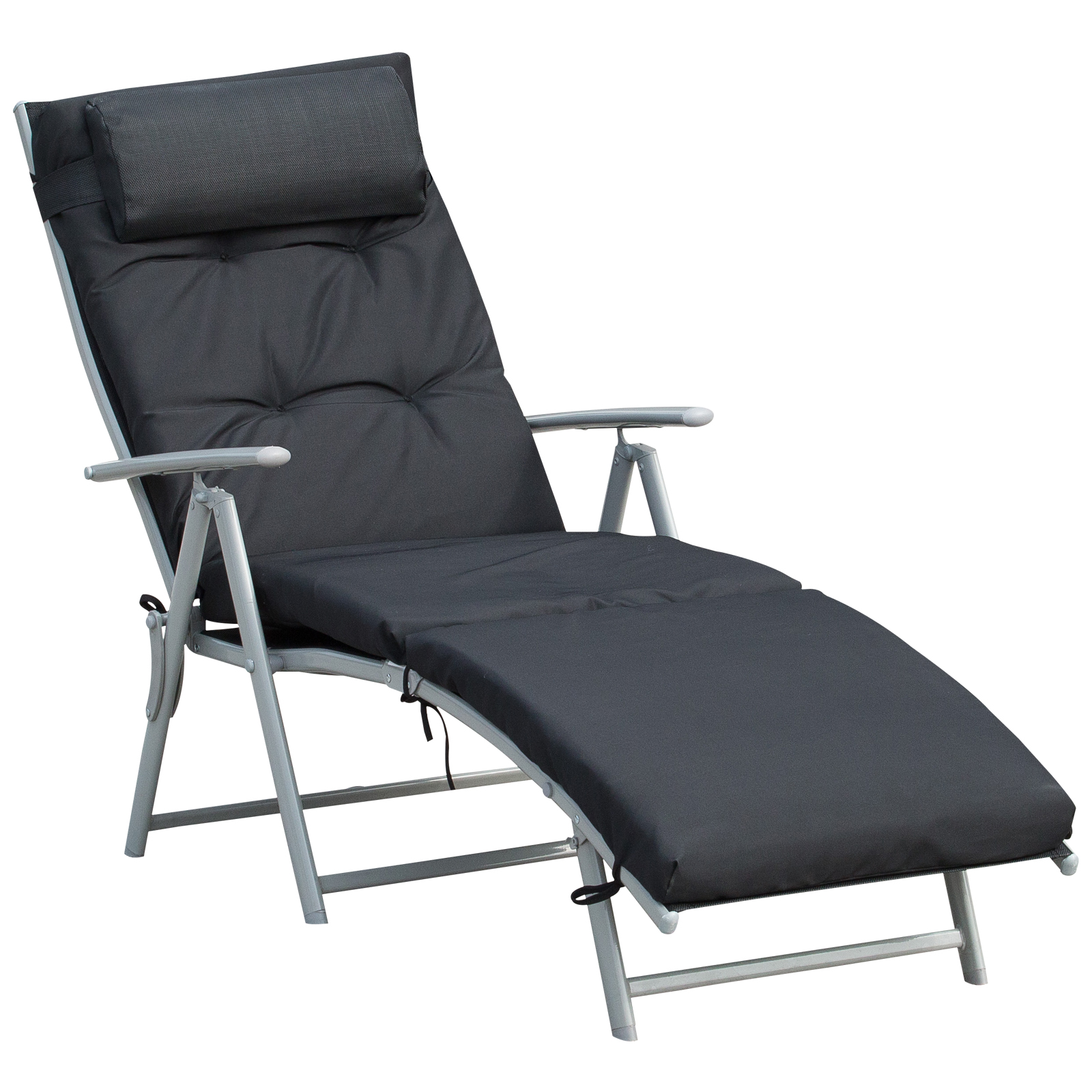 Outdoor Patio Sun Lounger Garden Texteline Foldable Reclining Chair Pillow Adjustable Recliner with Cushion - Black - Life Essentials