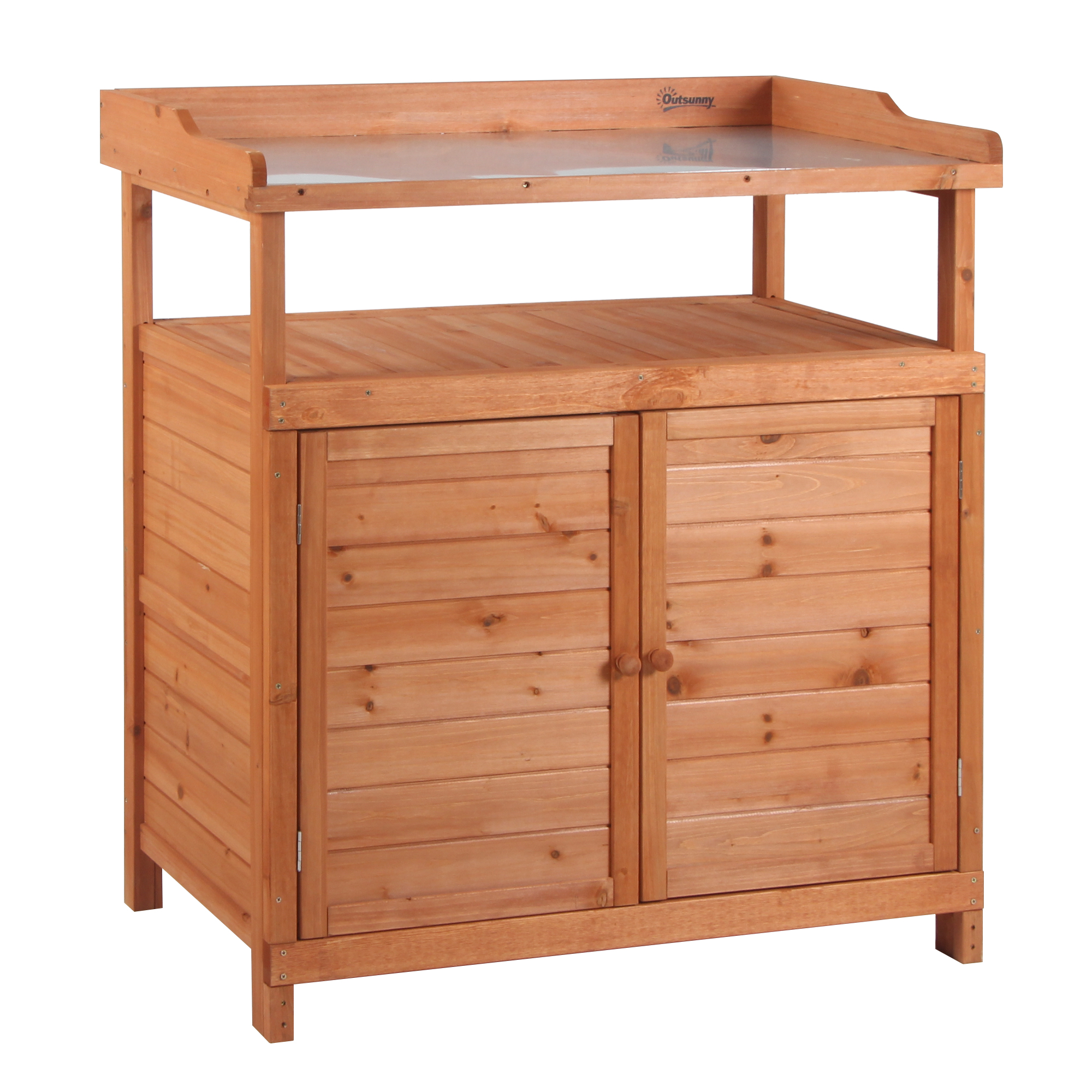 Multi-function Potting Bench Table w/ Storage Cabinet and Galvanized Table Top, Wooden Planting Workstation, 98cm x 47cm x 105cm - Life Essentials