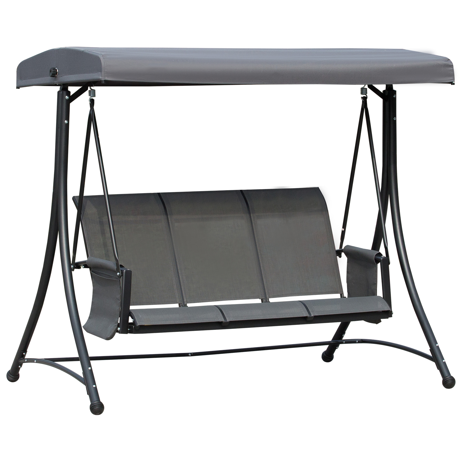 3 Person Outdoor Patio Porch Swing Chair with High Back Design, Side Pouches and Adjustable Canopy, Charcoal Grey - Life Essentials