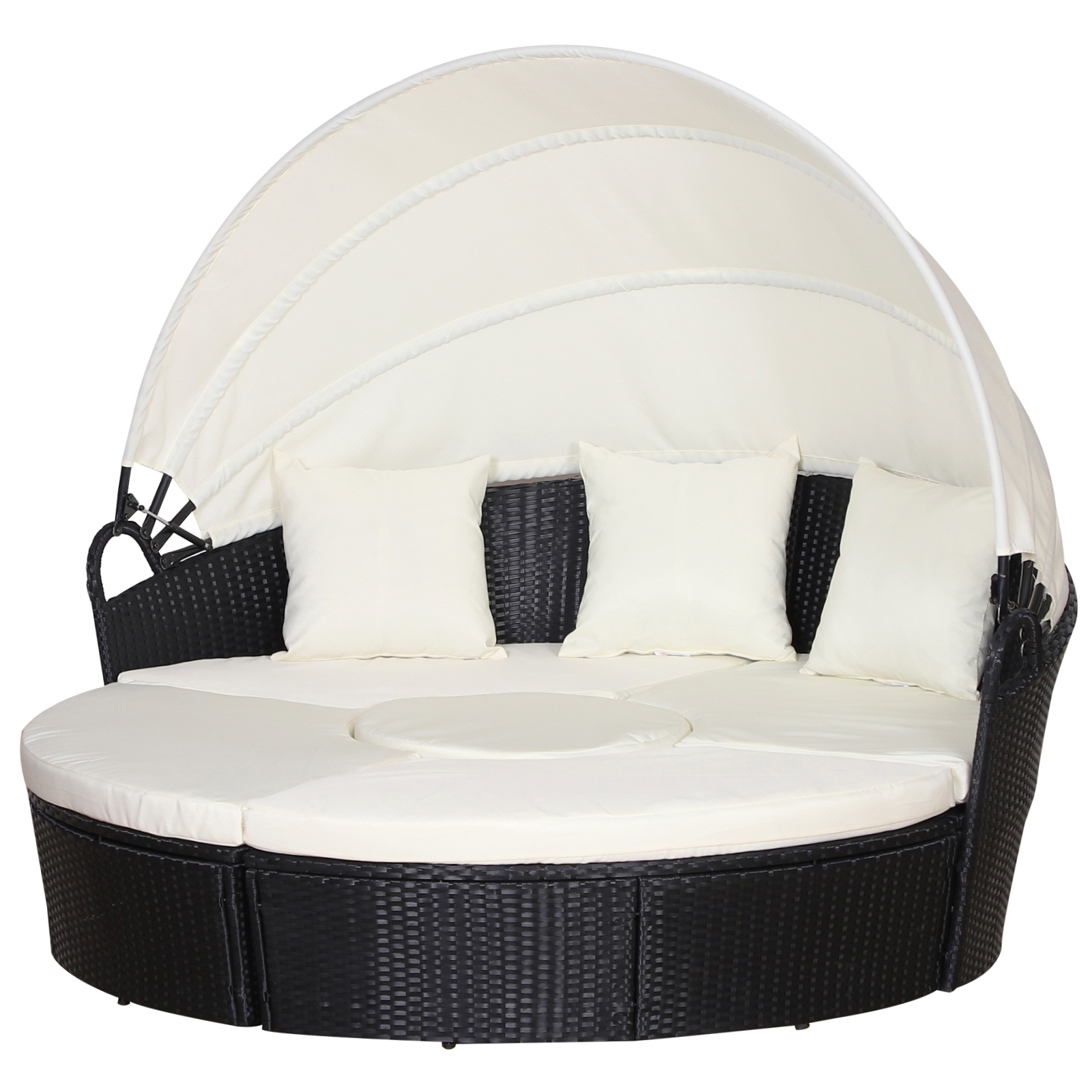 6-Seater Rattan Garden Furniture Cushioned Wicker Round Sofa Bed with Coffee Table Patio Conversation Furniture Set - Black - Life Essentials