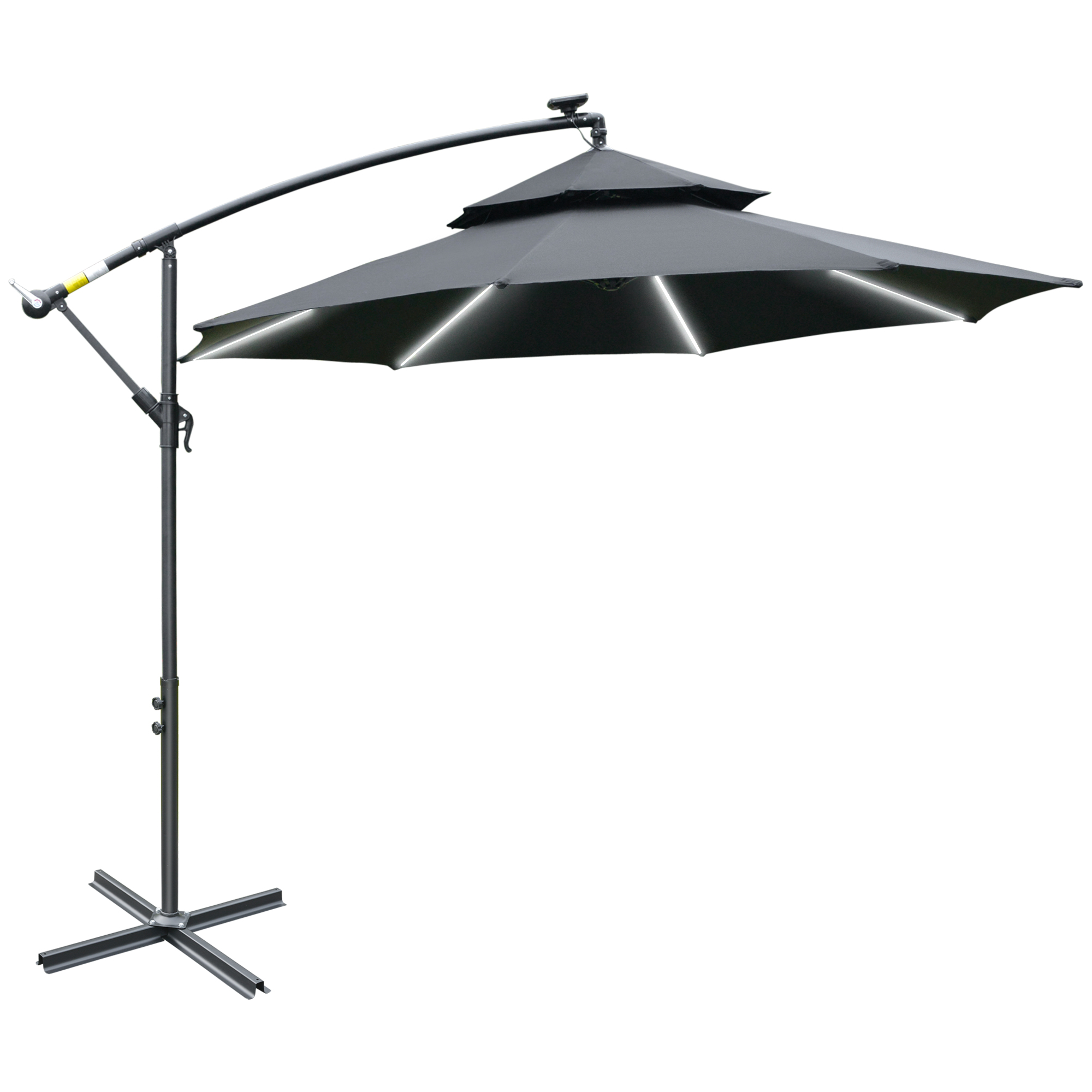 3M Cantilever Banana Parasol Hanging Umbrella with Double Roof, LED Solar lights, Crank, 8 Sturdy Ribs and Cross Base, Black - Life Essentials