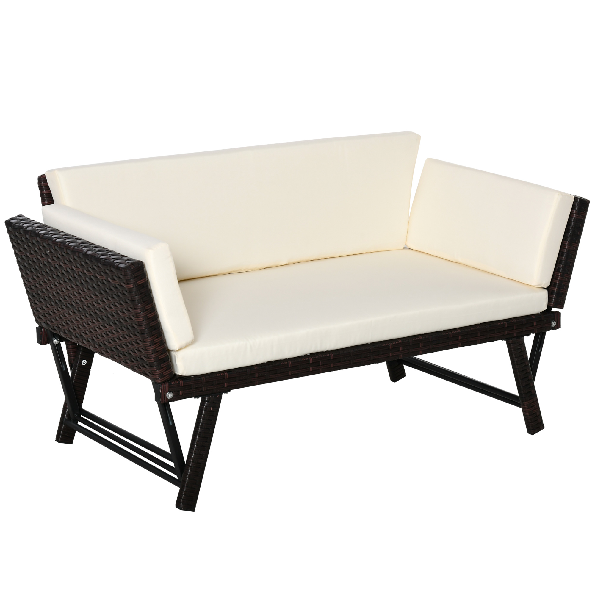 2 Seater Rattan Folding Daybed Sofa Bench Garden Chaise Lounger Loveseat with Cushion Outdoor Patio Brown - Life Essentials