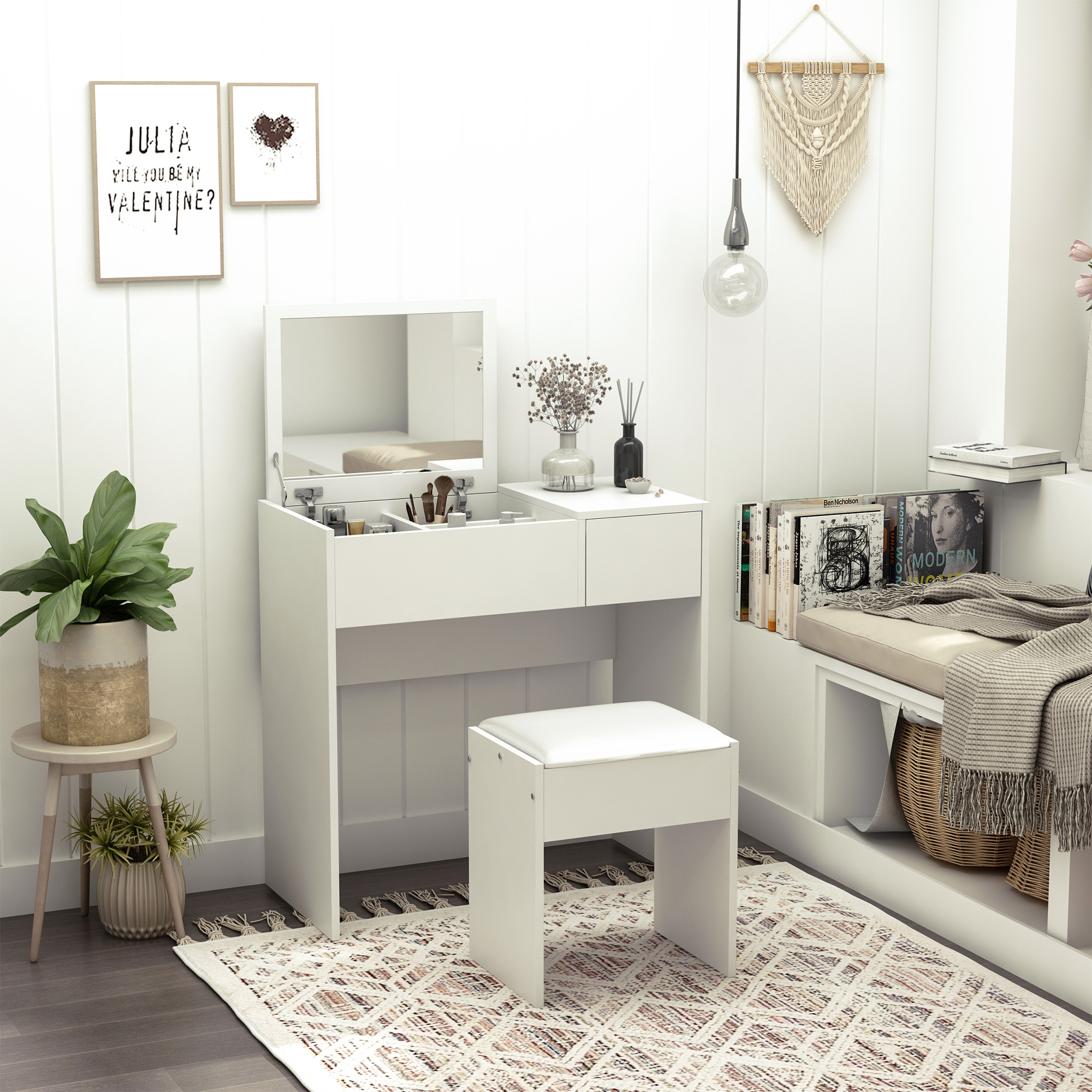 Makeup Desk with Drawer, Vanity Table Set with Flip-up Mirror and Cushioned Stool, White - Life Essentials