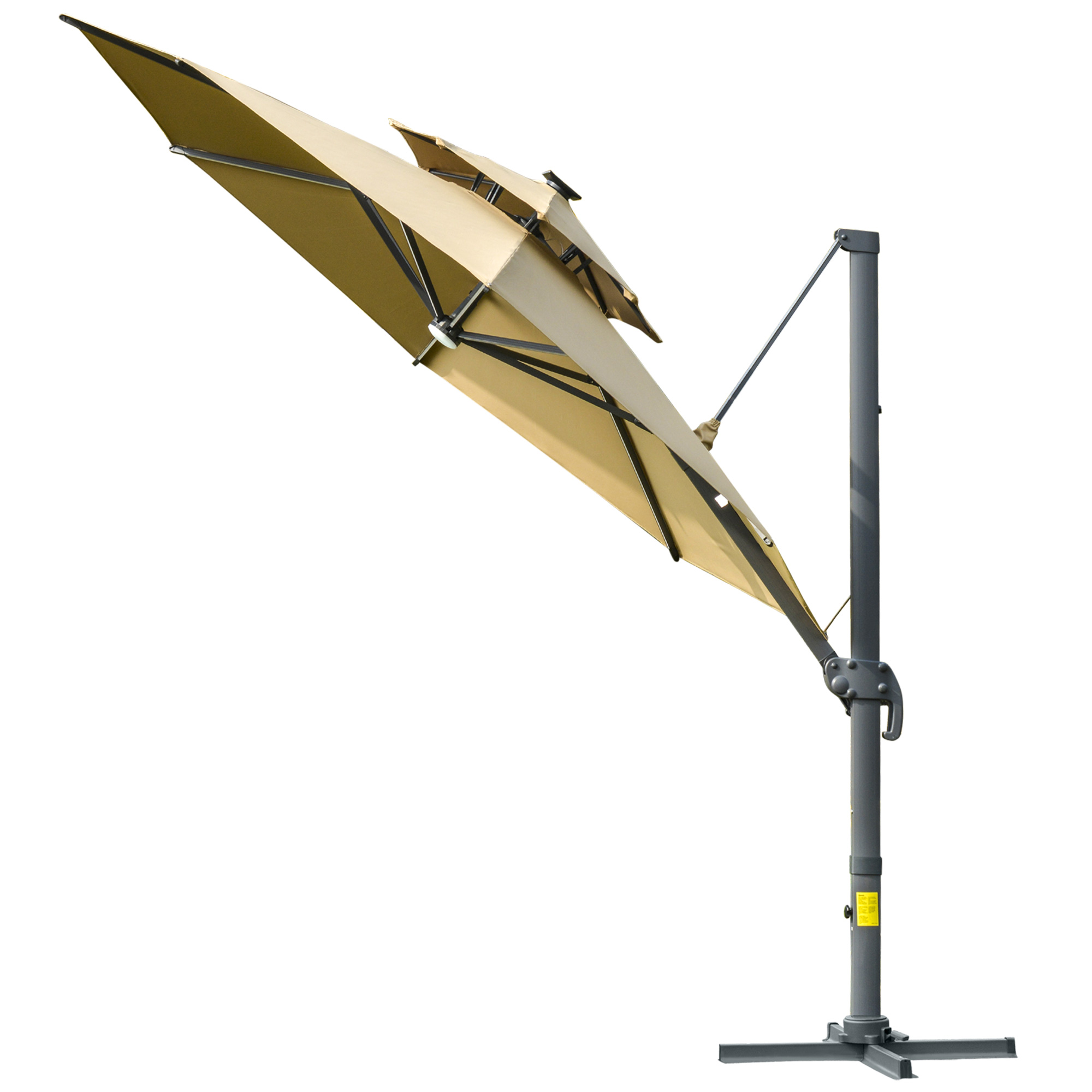 3m Cantilever Parasol w/ Solar Lights Power Bank Cross Base Adjustable Canopy 360° Spin Outdoor Garden Umbrella 2-Tier Roof Sun Shade Khaki - Life 
