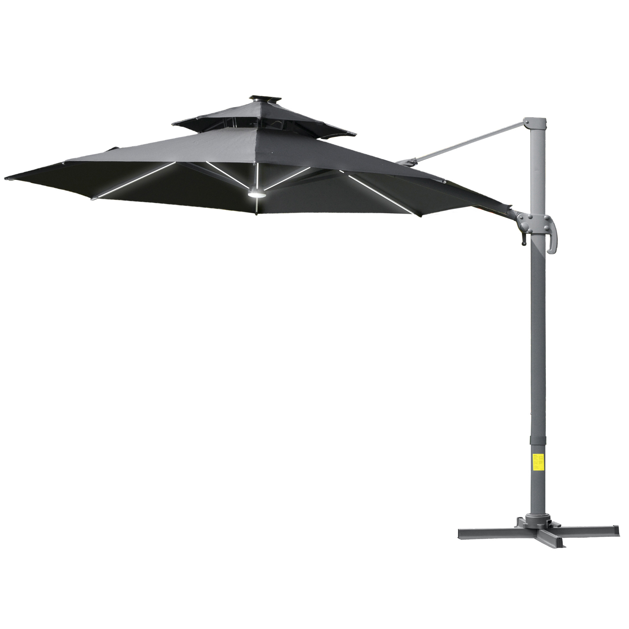 3m Cantilever Parasol w/ Solar Lights Power Bank Cross Base Adjustable Canopy 360° Spin Outdoor Garden Umbrella 2-Tier Roof Sun Shade Grey - Life 
