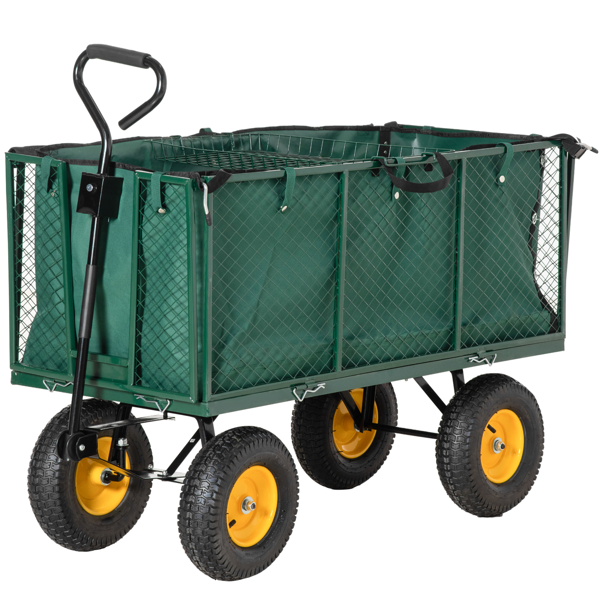 Large 4 Wheel Heavy Duty Garden Cart Truck Trolley Wheelbarrow with Handle and Metal Frame - Green - Life Essentials