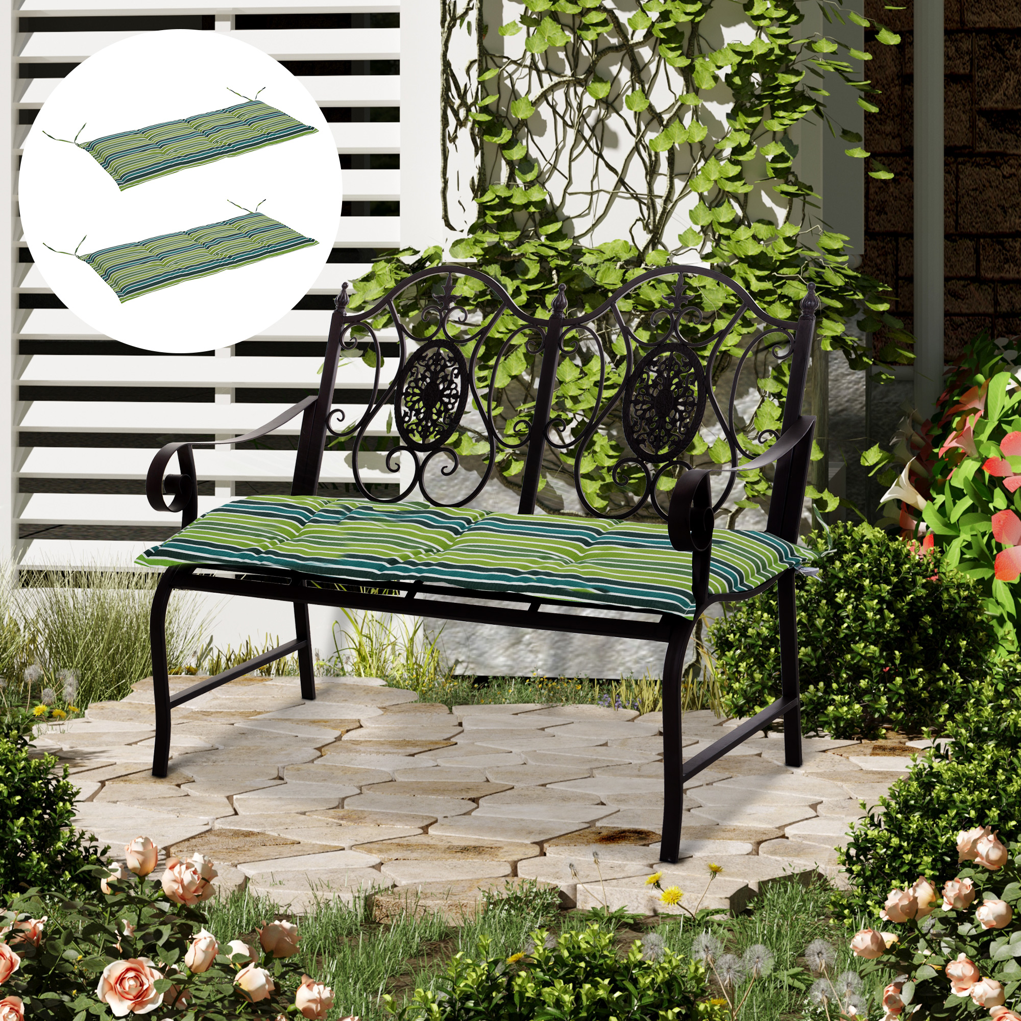 Polyester Set of 2 Seat Cushion Chair Cushin Green Stripes - Life Essentials