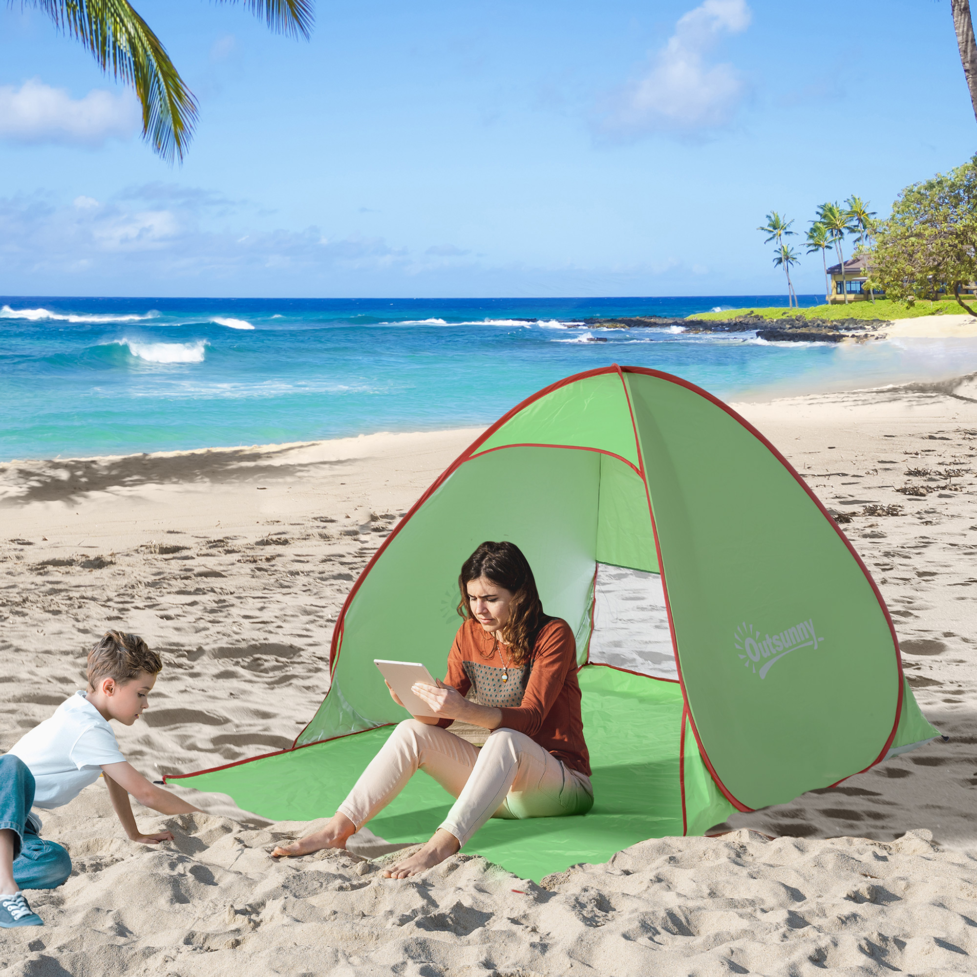 2-3 Person Pop up Tent Beach Tent Hiking UV 30+ Protection Patio Sun Shelter (Green) - Life Essentials