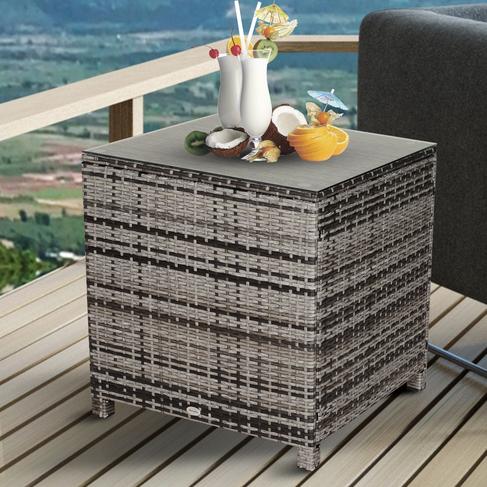Rattan Side Table Garden Furniture Patio Frame Tempered Glass New (Grey) - Life Essentials