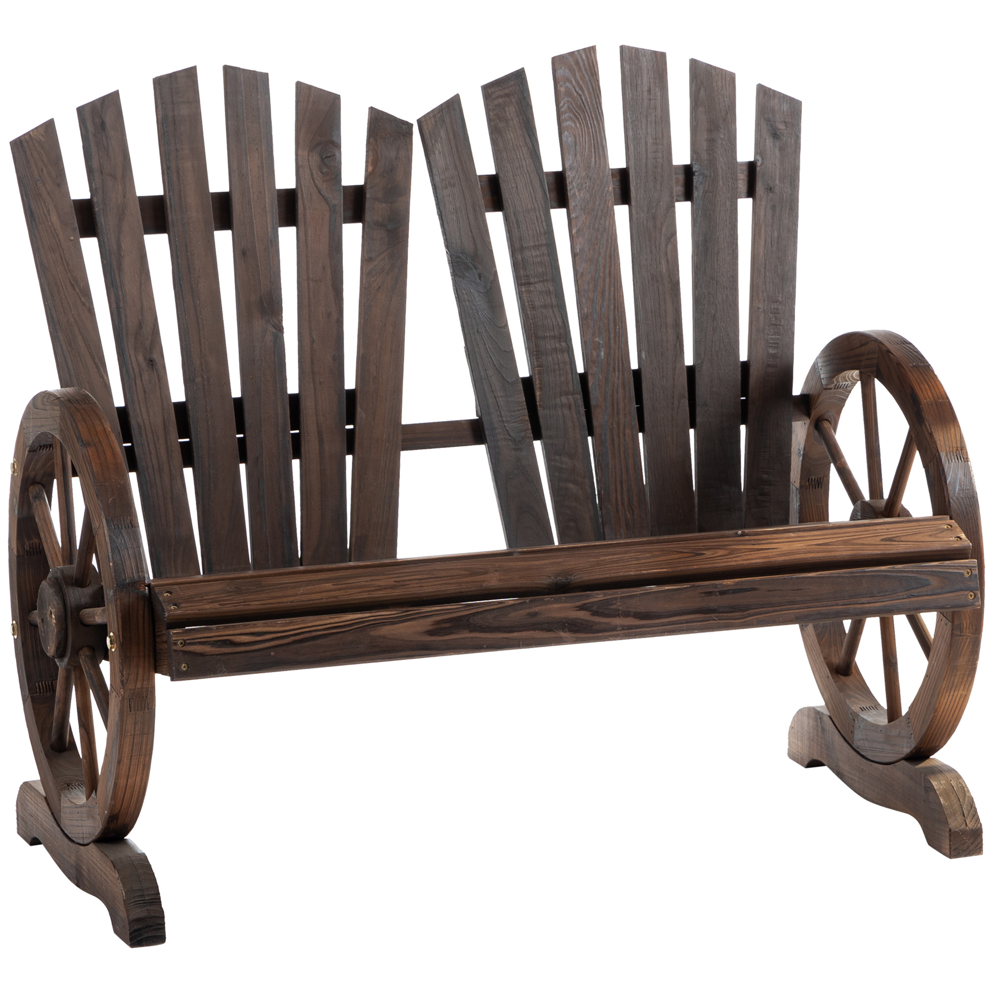 2 Seater Garden Bench Comfortable Fir Logs Love Chair with Wheel-Shaped Armrests, Outdoor Adirondack Wooden Loveseats, Carbonized colour - Life 