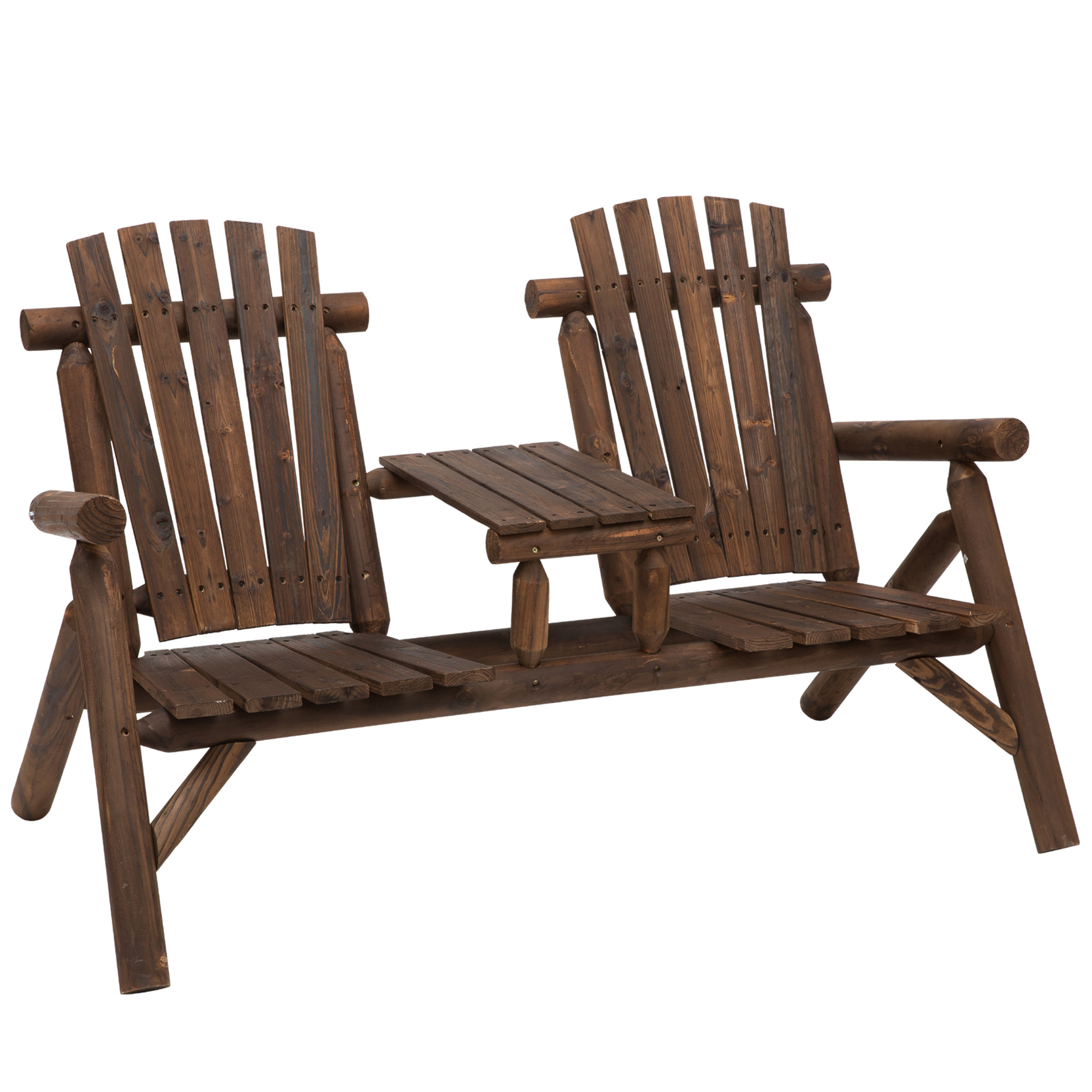 Wood Patio Chair Bench 2 Seats with Center Coffee Table, Garden Loveseat Bench Backyard, Perfect for Lounging Relaxing Outdoors, Carbonized - Life 