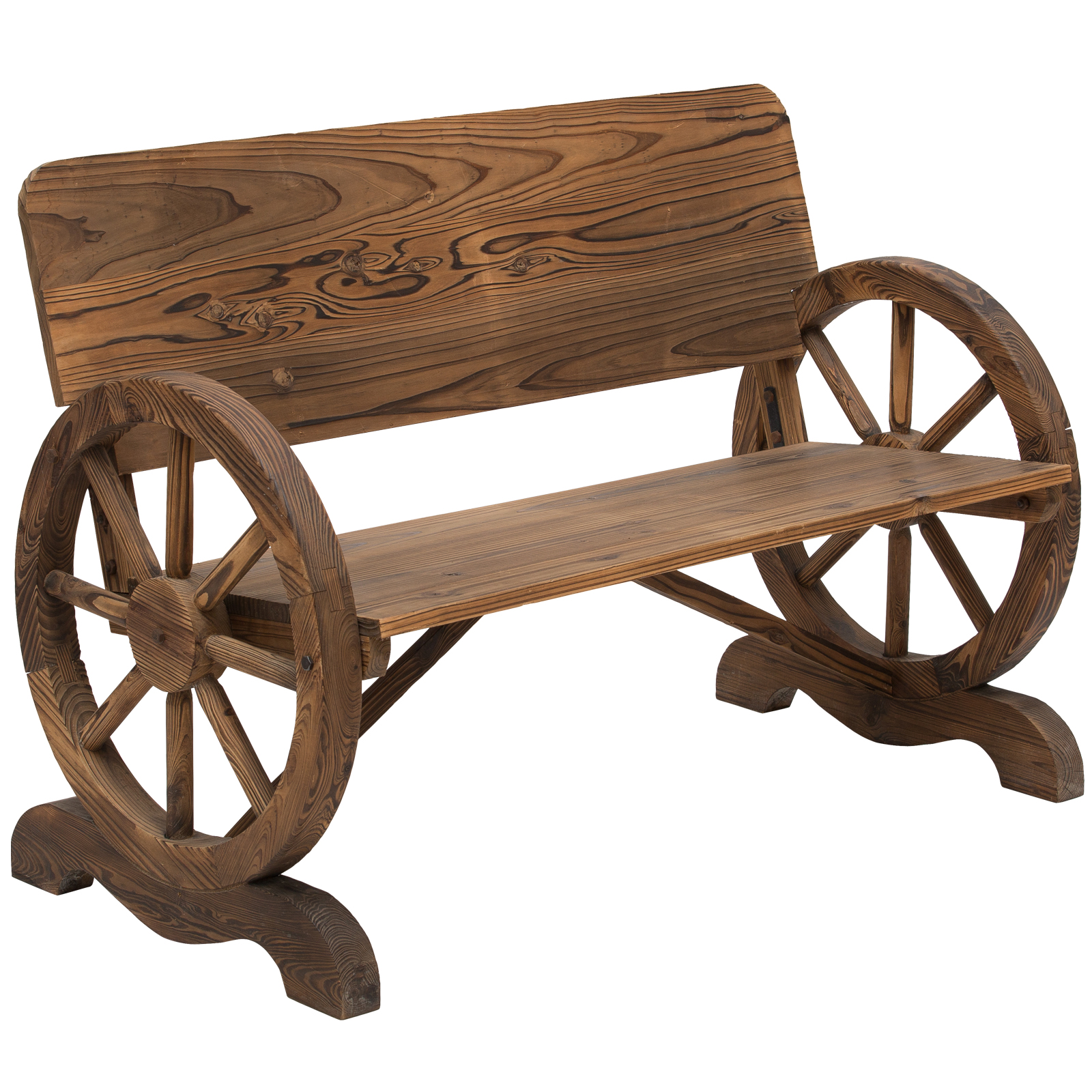 Wooden Cart Wagon Wheel 2 Seater Garden Bench Outdoor Chair Rustic High Back Loveseat Burnt Stained - Life Essentials