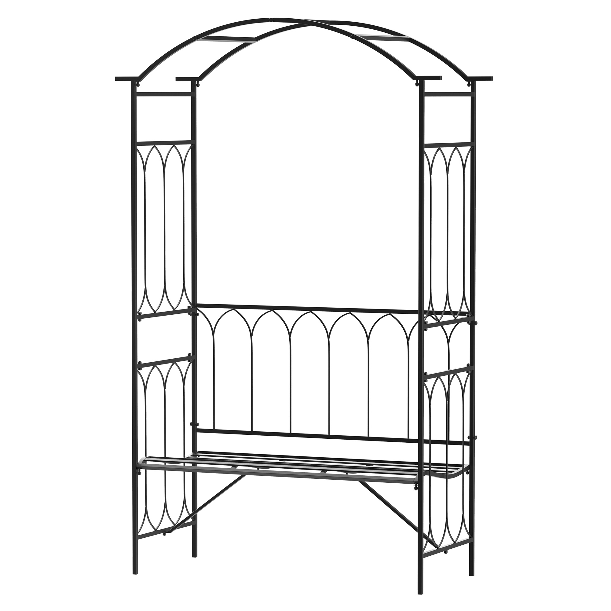 Garden Metal Arch Bench Outdoor 2-Seater Chair, Patio Rose Trellis Arbour Pergola for Climbing Plant Vintage Classic Black 115x50x203H cm - Life 