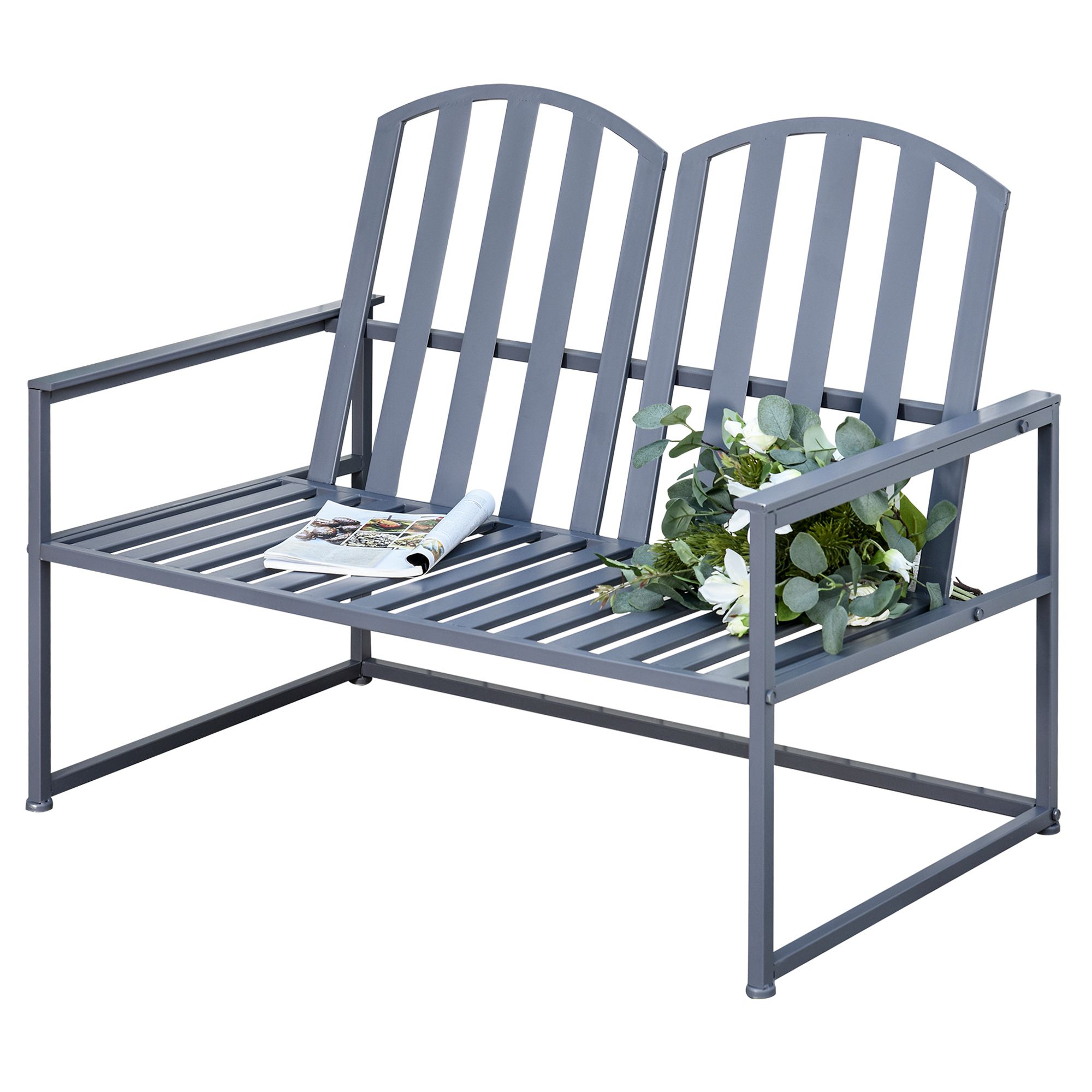 Garden Bench Loveseat 2 Seat Chair for Outdoor Park, Yard, Steel Frame, Decorative Slatted Design, Grey - Life Essentials