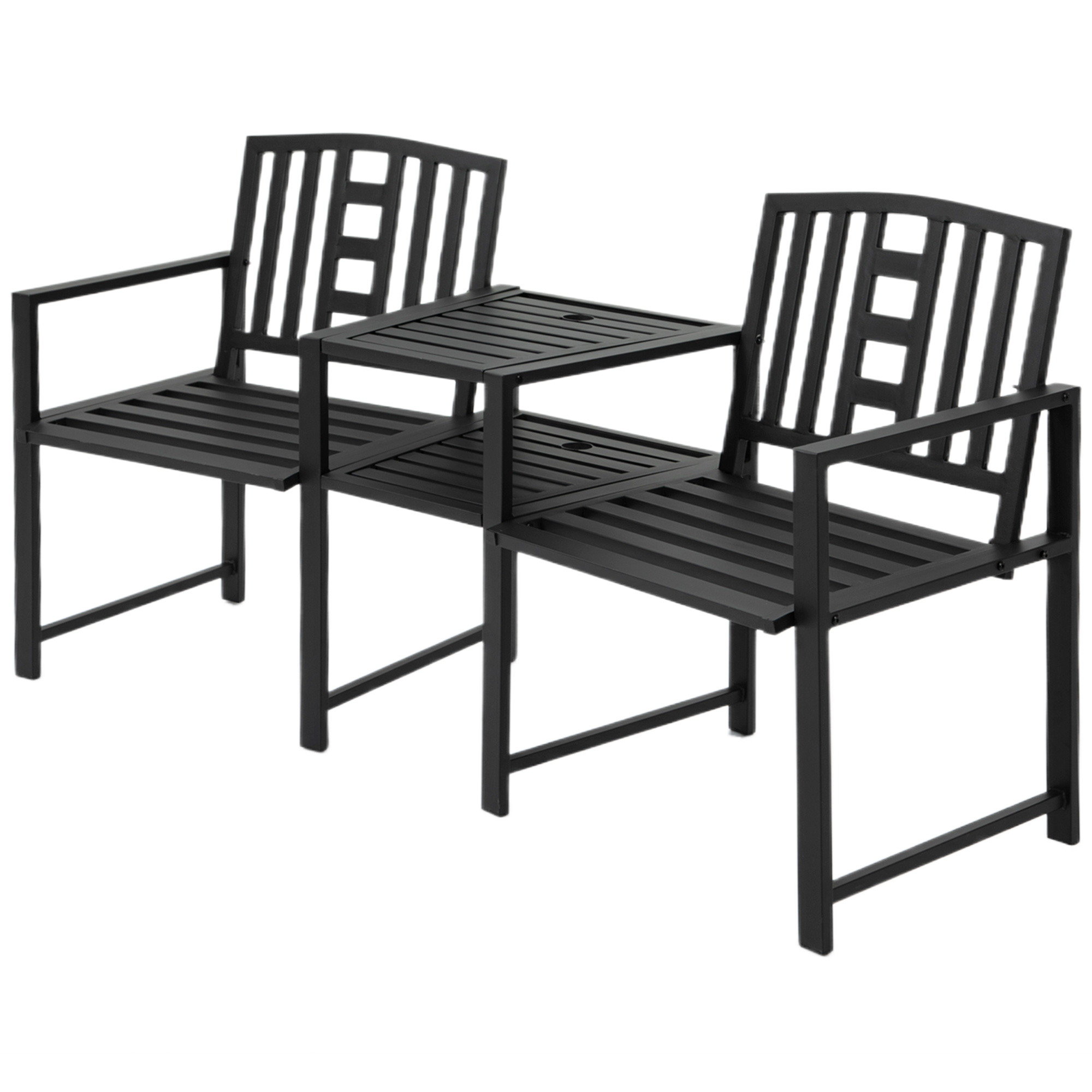 Patio Tete-a-tete Chair 2 Seat Bench Middle Coffee Table w/ Umbrella Hole for Outdoors Decorative Slatted Design Steel Frame Black - Life Essentials