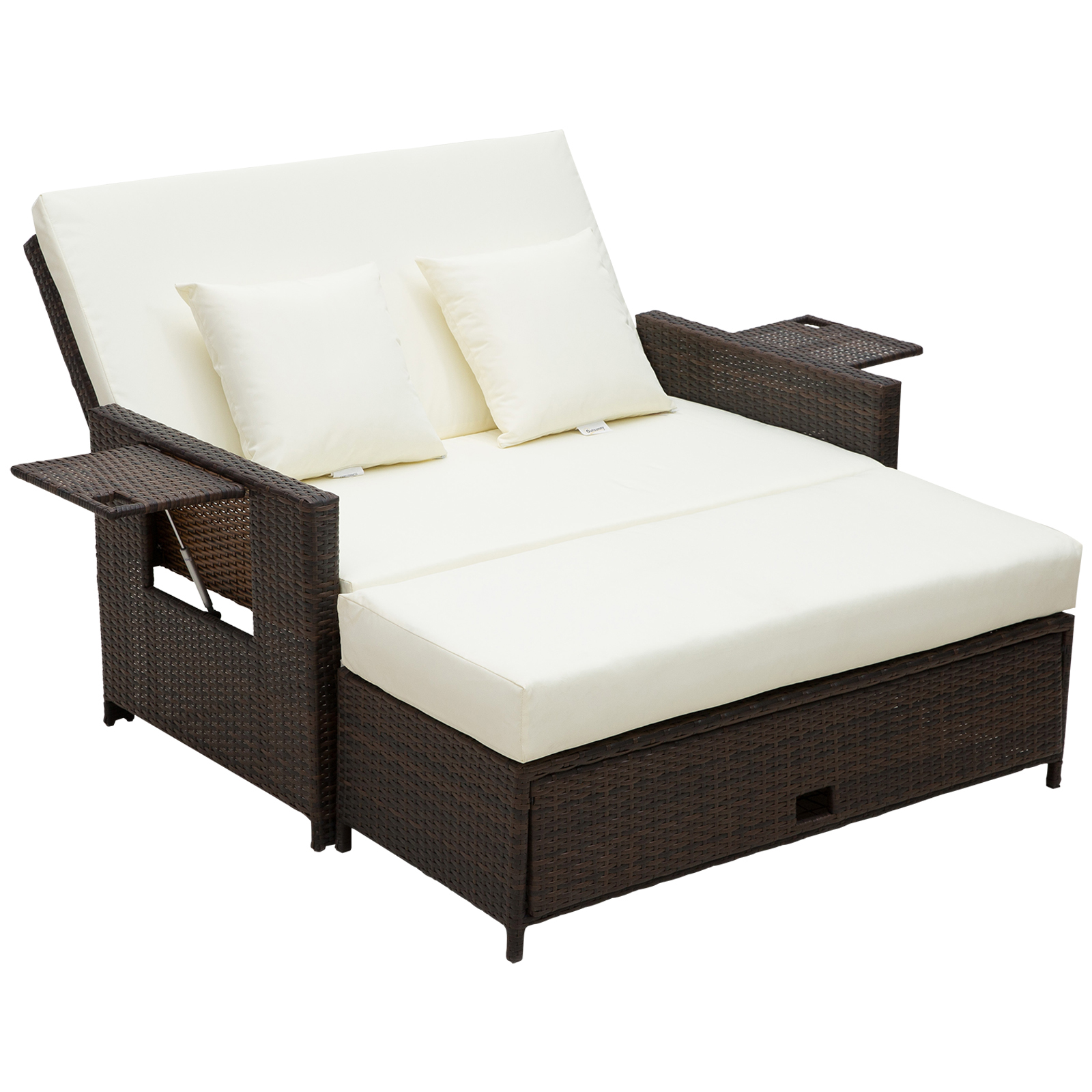 2 Seater Assembled Garden Patio Outdoor Rattan Furniture Sofa Sun Lounger Daybed with Fire Retardant Sponge - Brown - Life Essentials