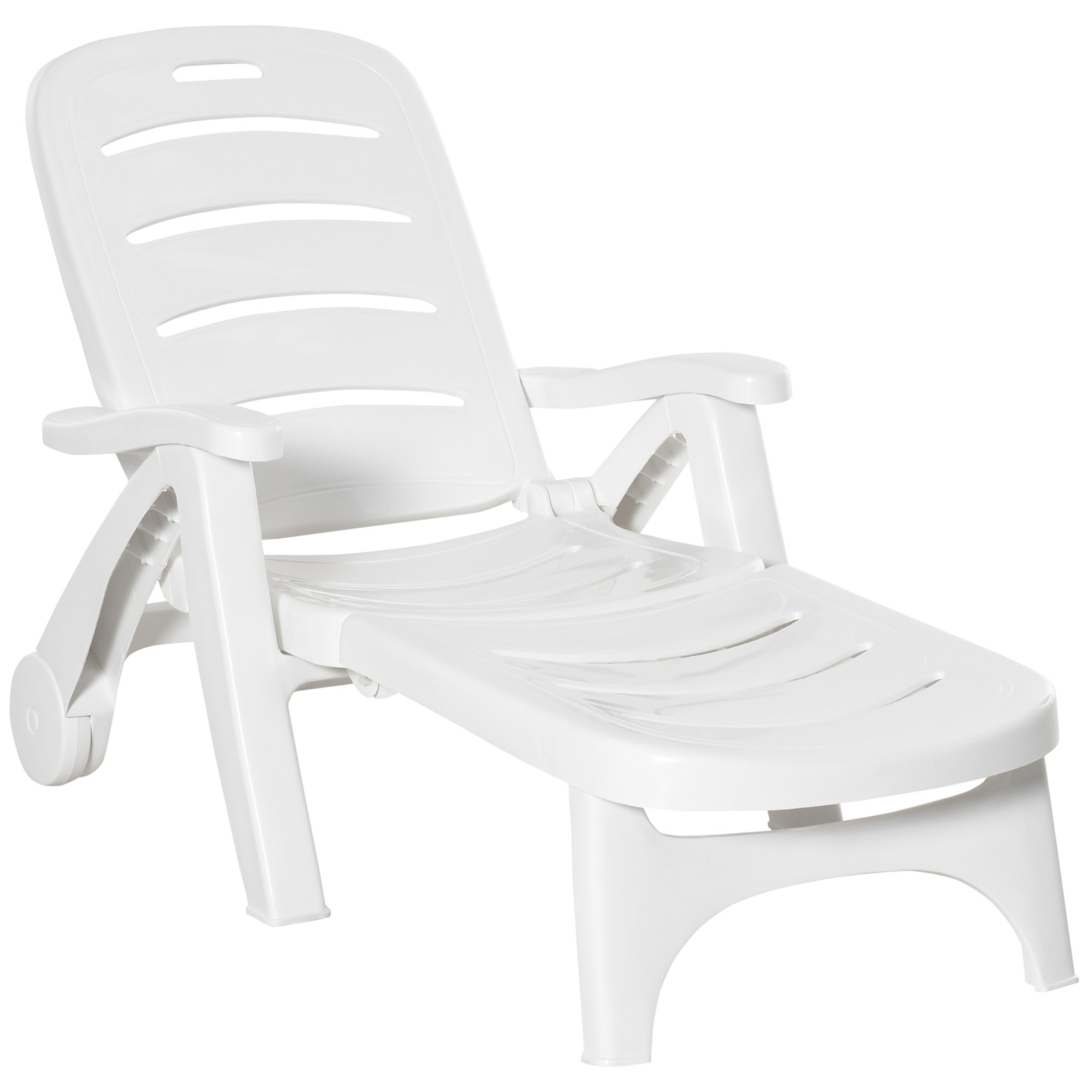 Outdoor Folding Plastic Chaise Lounge Chair on Wheels, Patio Sun Lounger Recliner & 5-Position Backrest for Garden, Beach, Pool, White - Life 