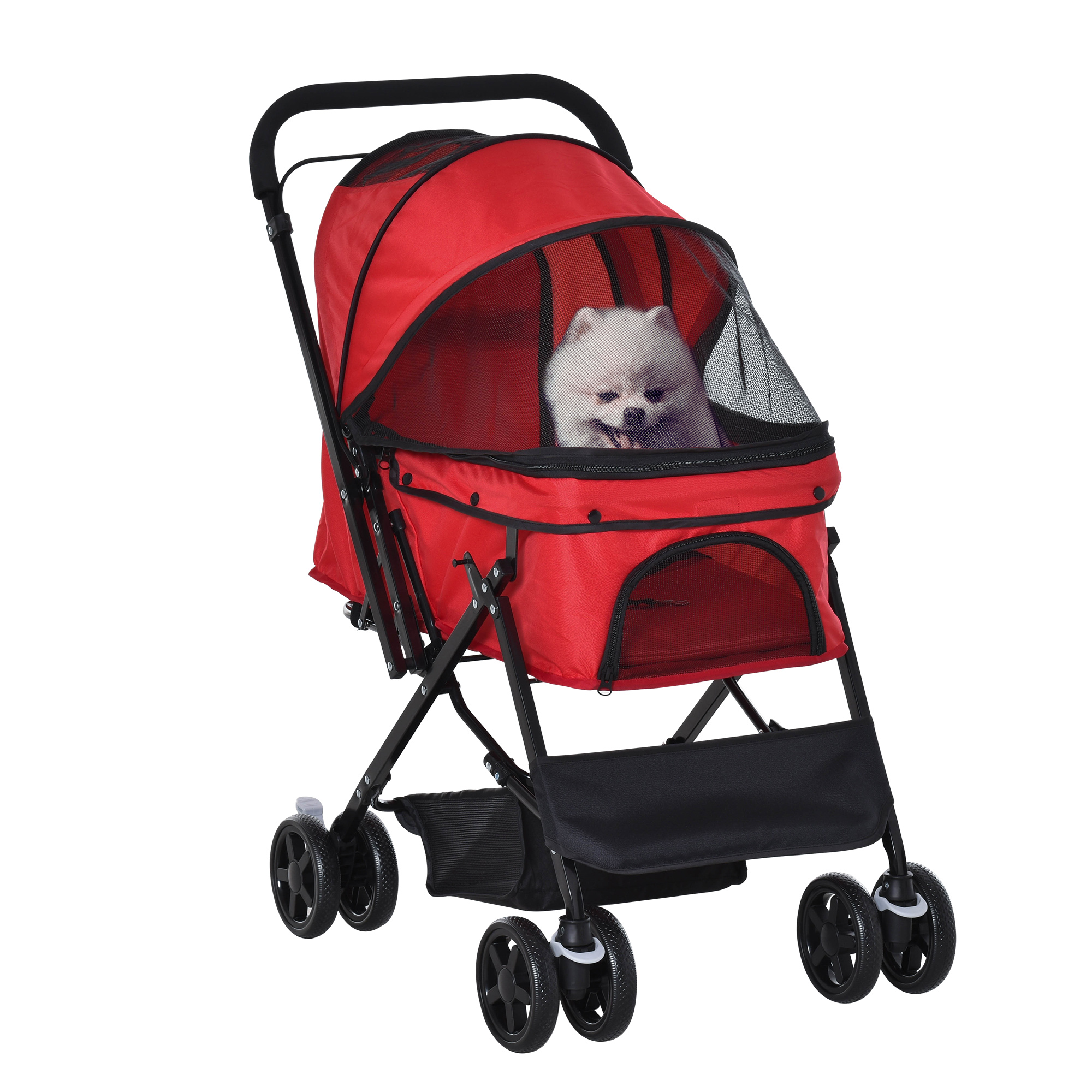 Pet Stroller Dog Travel Pushchair Foldable Jogger with Reversible Handle EVA Wheel Brake Basket Adjustable Canopy Safety Leash Red - Life Essentials