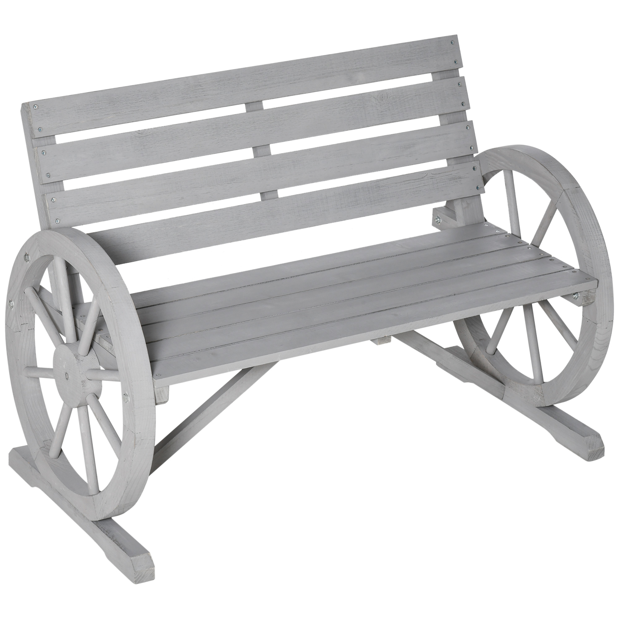 2 Seater Garden Bench Outdoor Garden Armrest Chair with Wooden Cart Wagon Wheel Rustic High Back Grey - Life Essentials