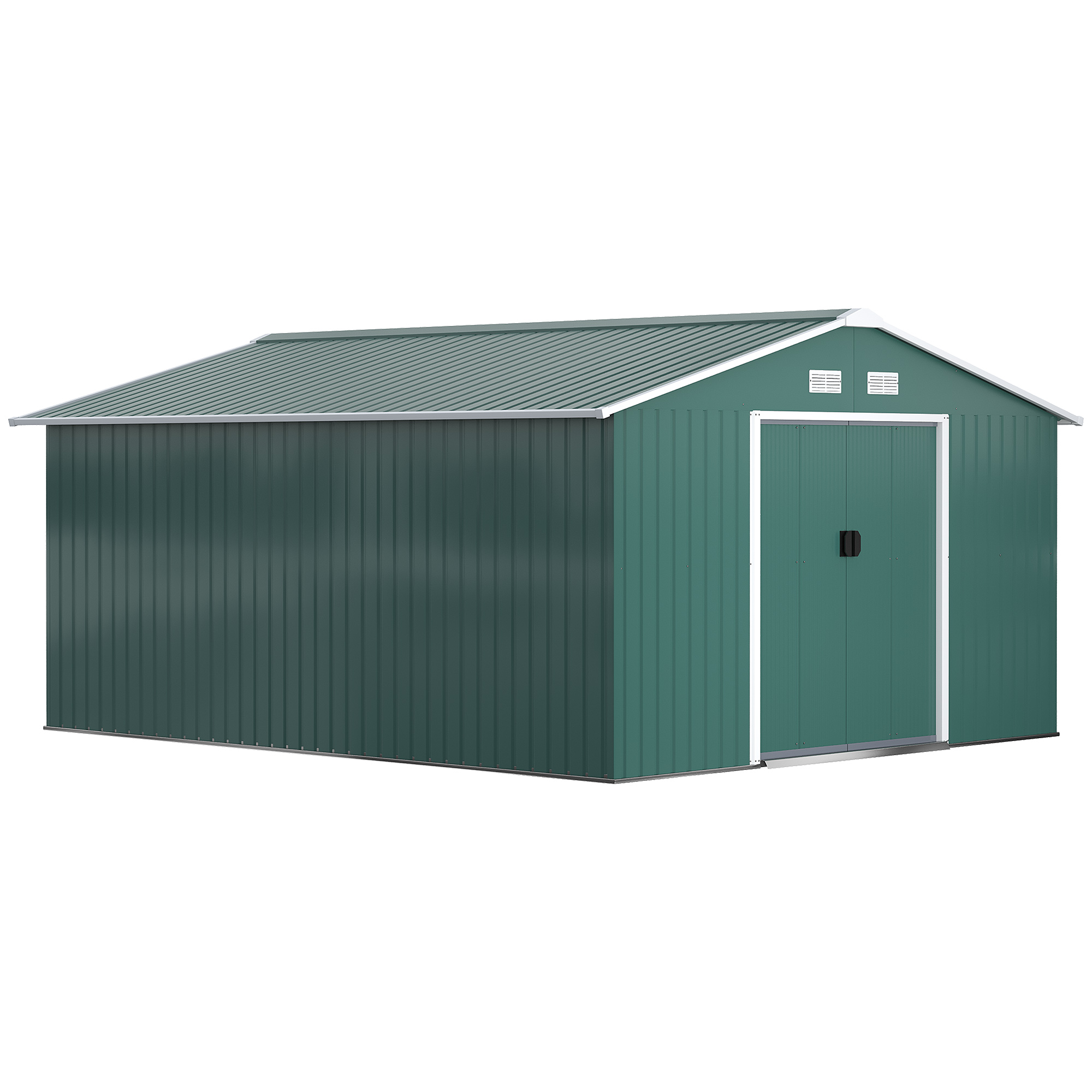 13 x 11 ft Metal Garden Shed Large Patio Roofed Tool Storage Box with Ventilation and Sliding Door, Deep Green - Life Essentials