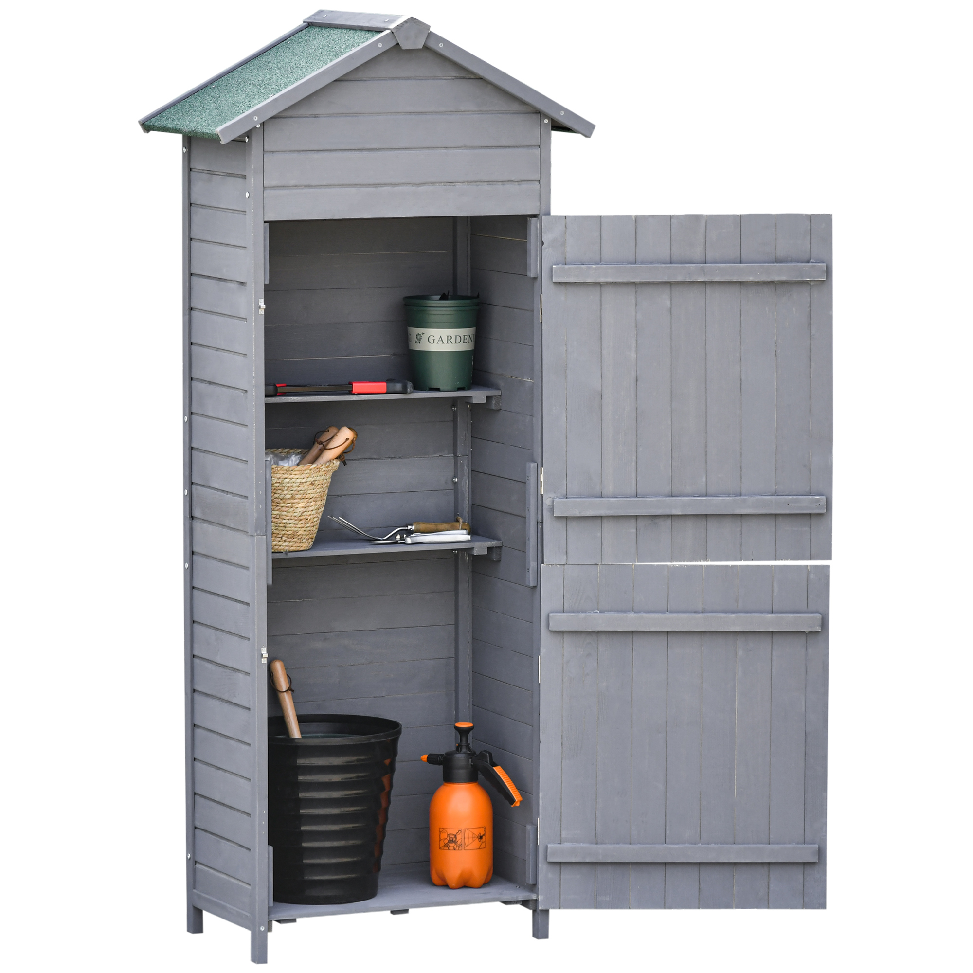 Wooden Garden Storage Shed Timber Tool Cabinet Organiser w/ Tilted-felt Roof, Shelves, Lockable Doors, 189 x 82 x 49 cm, Grey - Life Essentials